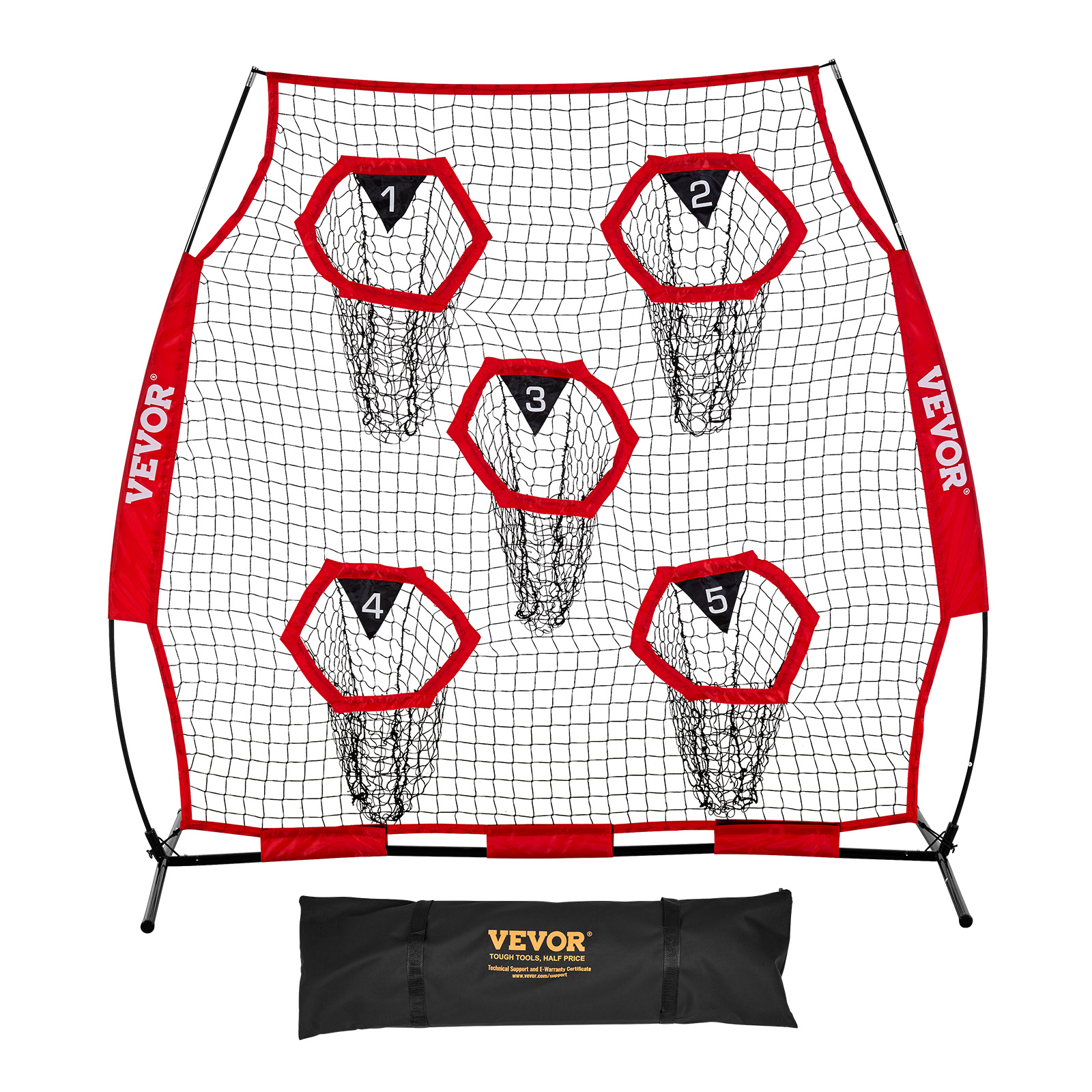 Vevor 1828.8x1828.8mm Football Trainer Throwing Net, Training Throwing Practice Net With 5 Pockets, Knotless Net Includes Straps And Portable Carry Case, Improve Qb Throwing Accuracy, Red