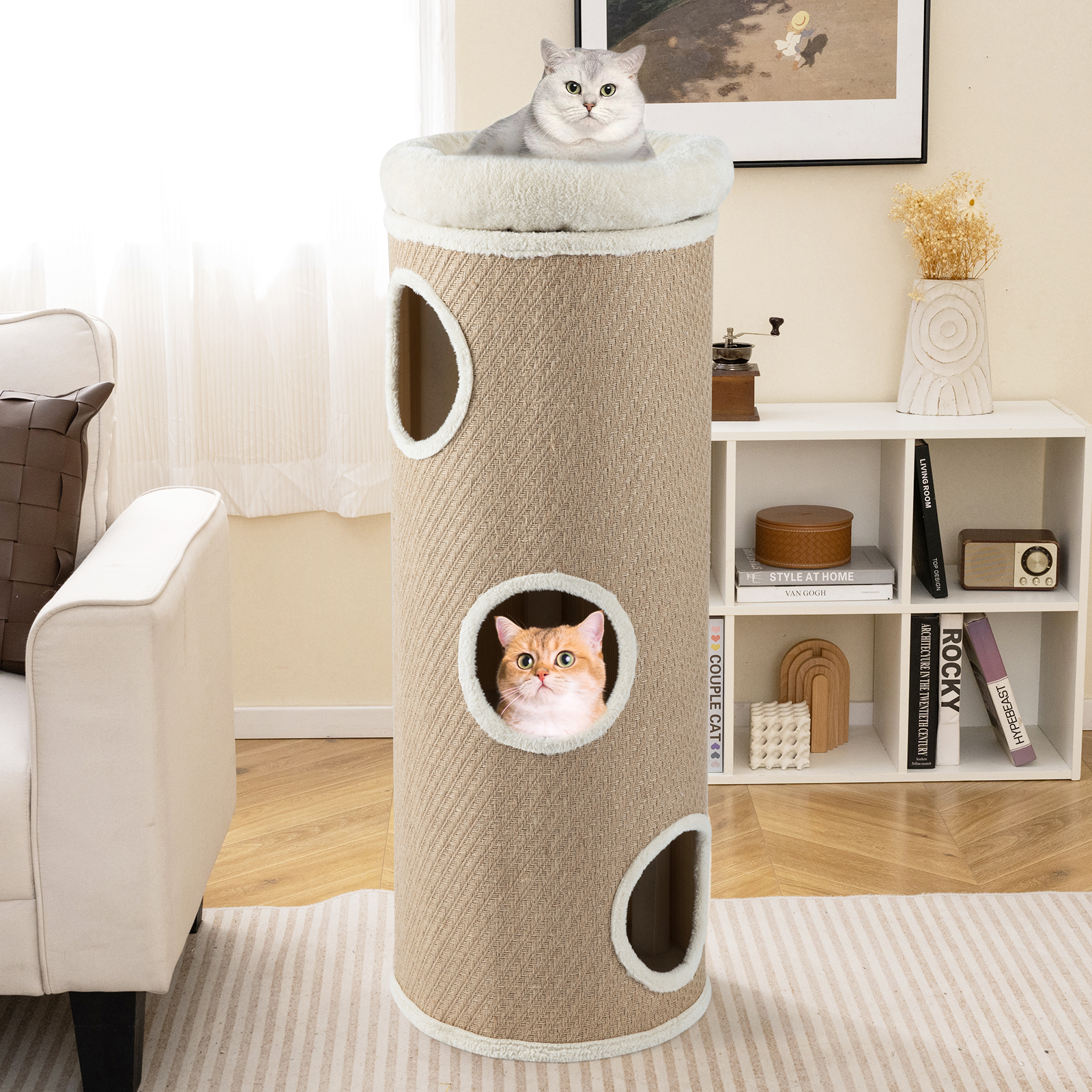 Image of 4-story Cat House For Multiple Cats, Elevated Cat Cave Bed With Removable Perch Bed, Sisal Scratching Board, Bamboo Mat, -shaped Kitten Condo Furniture, Indoor Cat Tree Tower