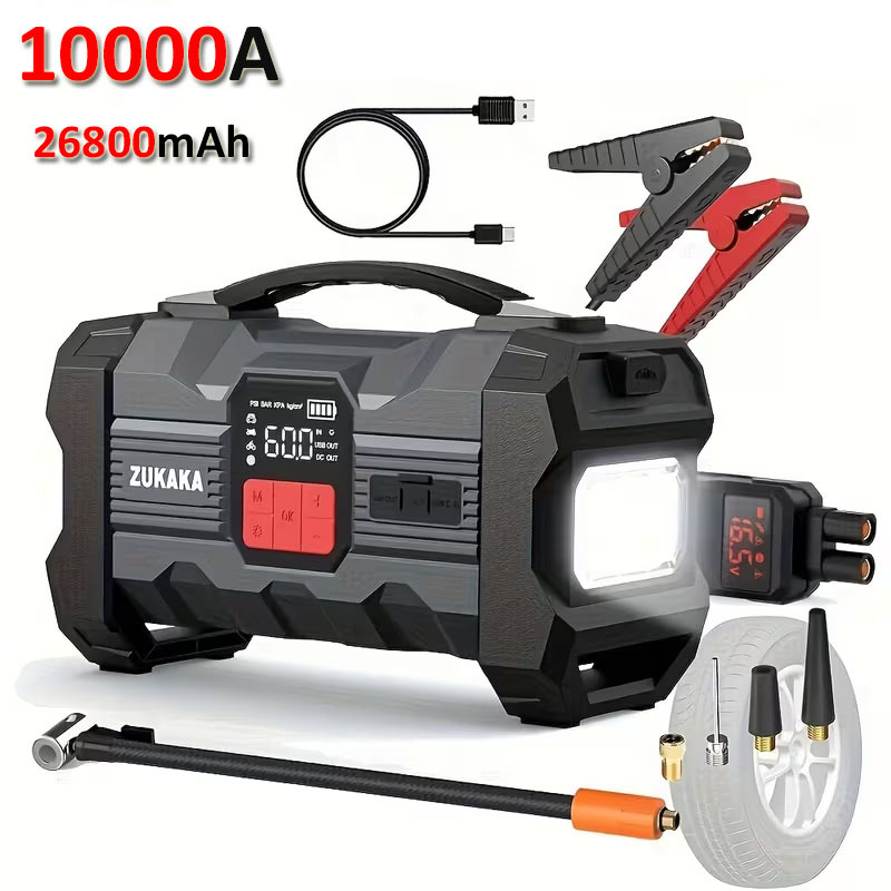 E-shop 10000A Auto Starthilfe mit Luftkompressor, kabelloser Reifenfüller, Batterie-Booster mit 26800mAh Powerbank & LED-Taschenlampen, intelligentes