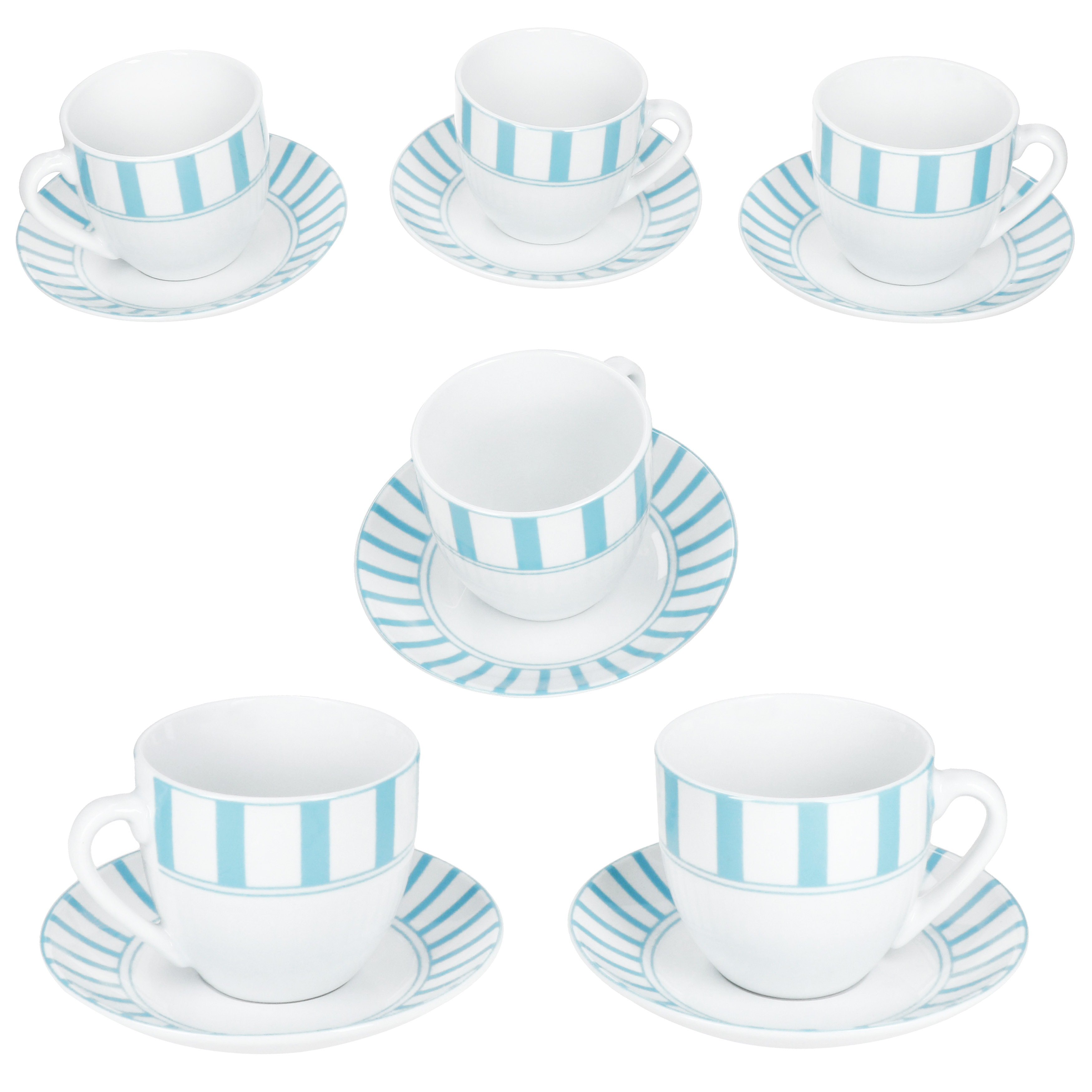 Turquoise Striped Coffee Cups With Saucers For 6 People, Porcelain, Striped Tea.