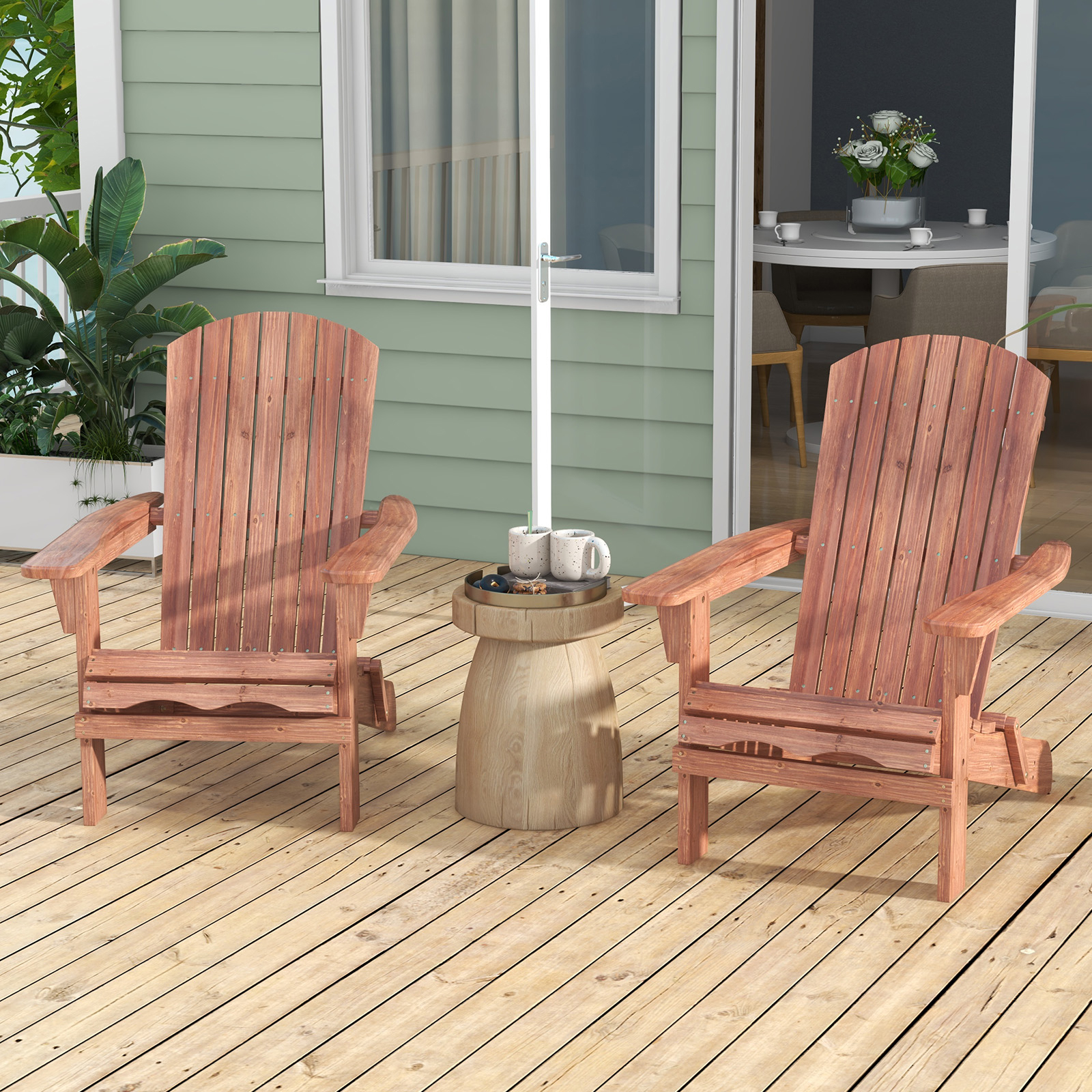 Folding Adirondack Chair Set Of 2, Folding Wooden Lounge Chair W/ High Backrest & Wide Armrests, 330 Lbs , Outdoor Adirondack Lounge Chair For Lawn, Backyard, Poolside