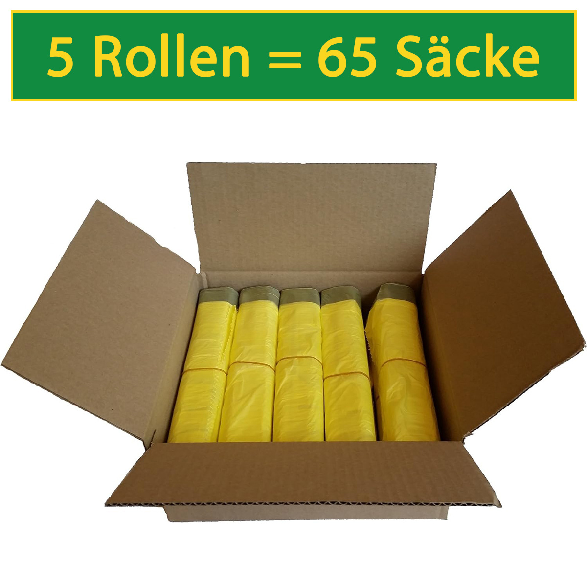 E-shop 5 Rollen Gelbe Säcke 90L – Rollen à 13 Säcke | für Gelbe Tonne | Recycling Müllsäcke 90l | 15µ | Abfallsäcke – Trash Bag – Yellow Waste Bags