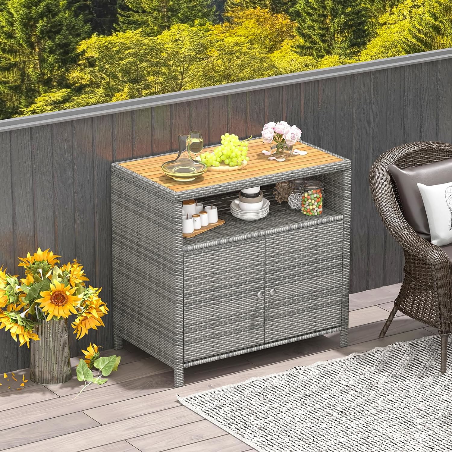 Image of Outdoor Rattan Storage Cabinet, Patio Sideboard Buffet Cabinet With Acacia Wood Countertop