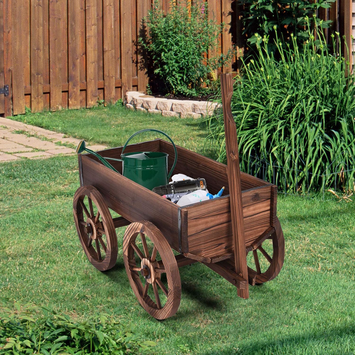 Multifunctional Flower Cart, Rustic Carbonized Wood Flower Planter With Wheels, Planter Box, Indoor Outdoor Decorative Wagon Cart Flower Stand For Garden Patio Terrace