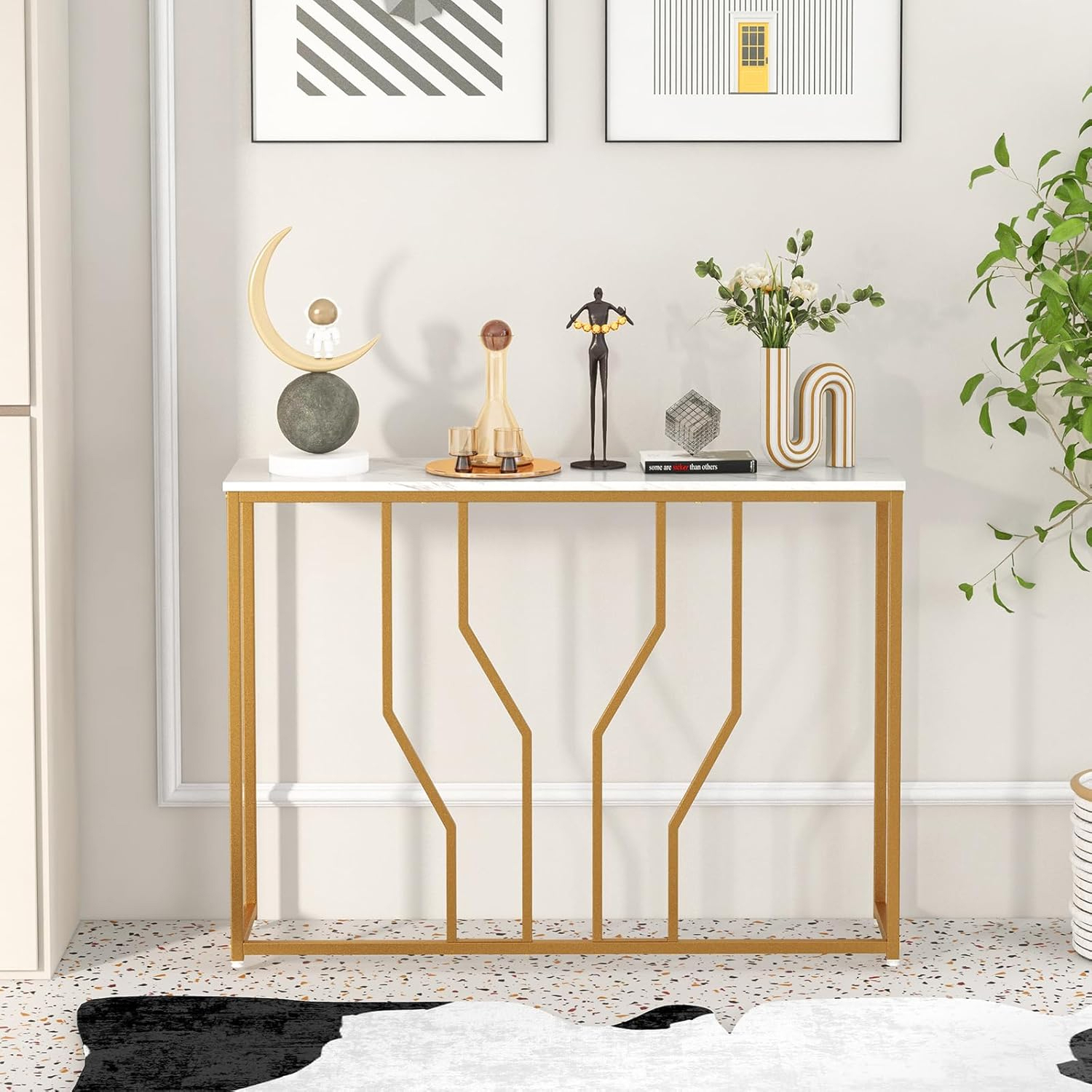 Gold Console Table, 44"/110 Cm Modern White Entryway Table With Marble Tabletop, Geometric Metal Frame