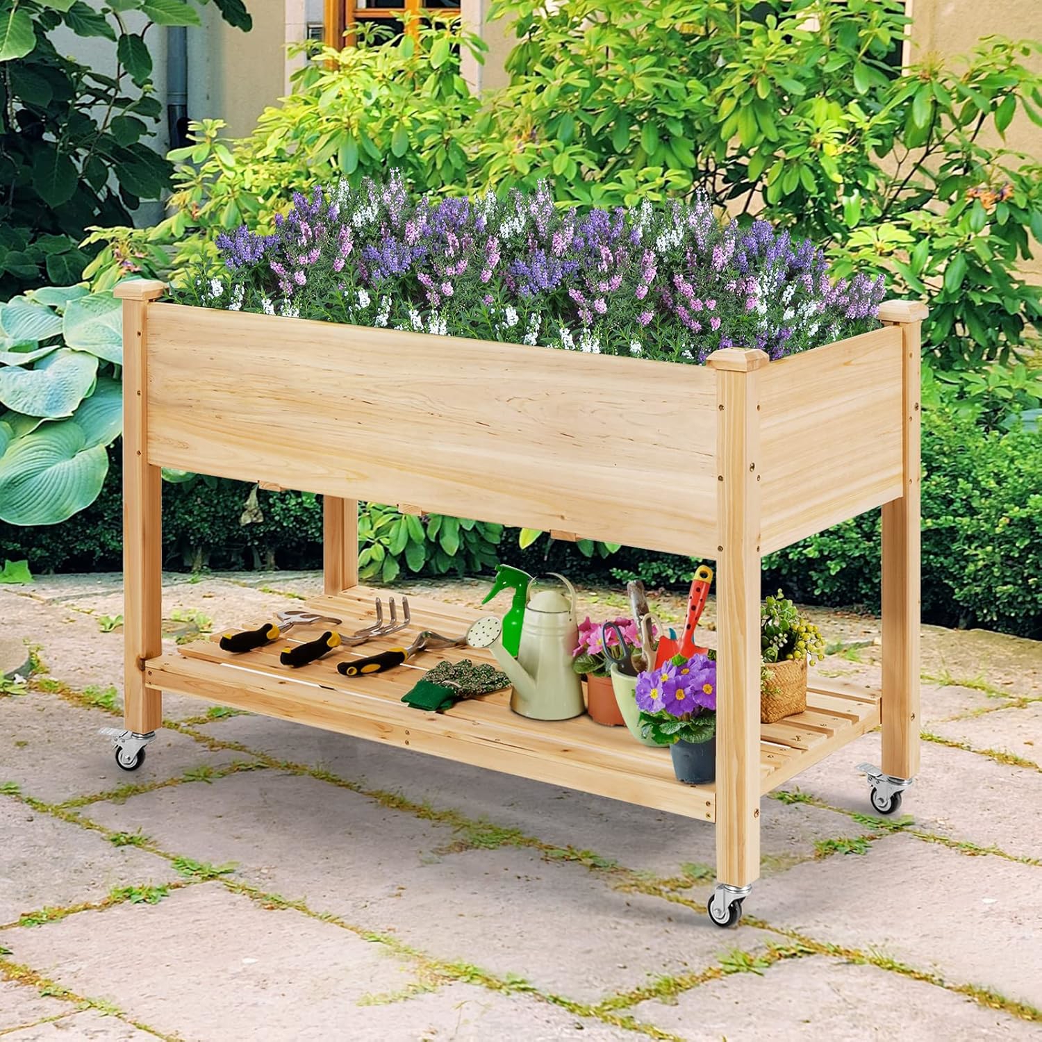 Raised Garden Bed, Movable Wood Elevated Planter Bed W/lockable Wheels, Storage Shelf And Protective Liner, Wood Planter Box For Flowers Vegetables Herbs, Planting Container For Backyard Patio