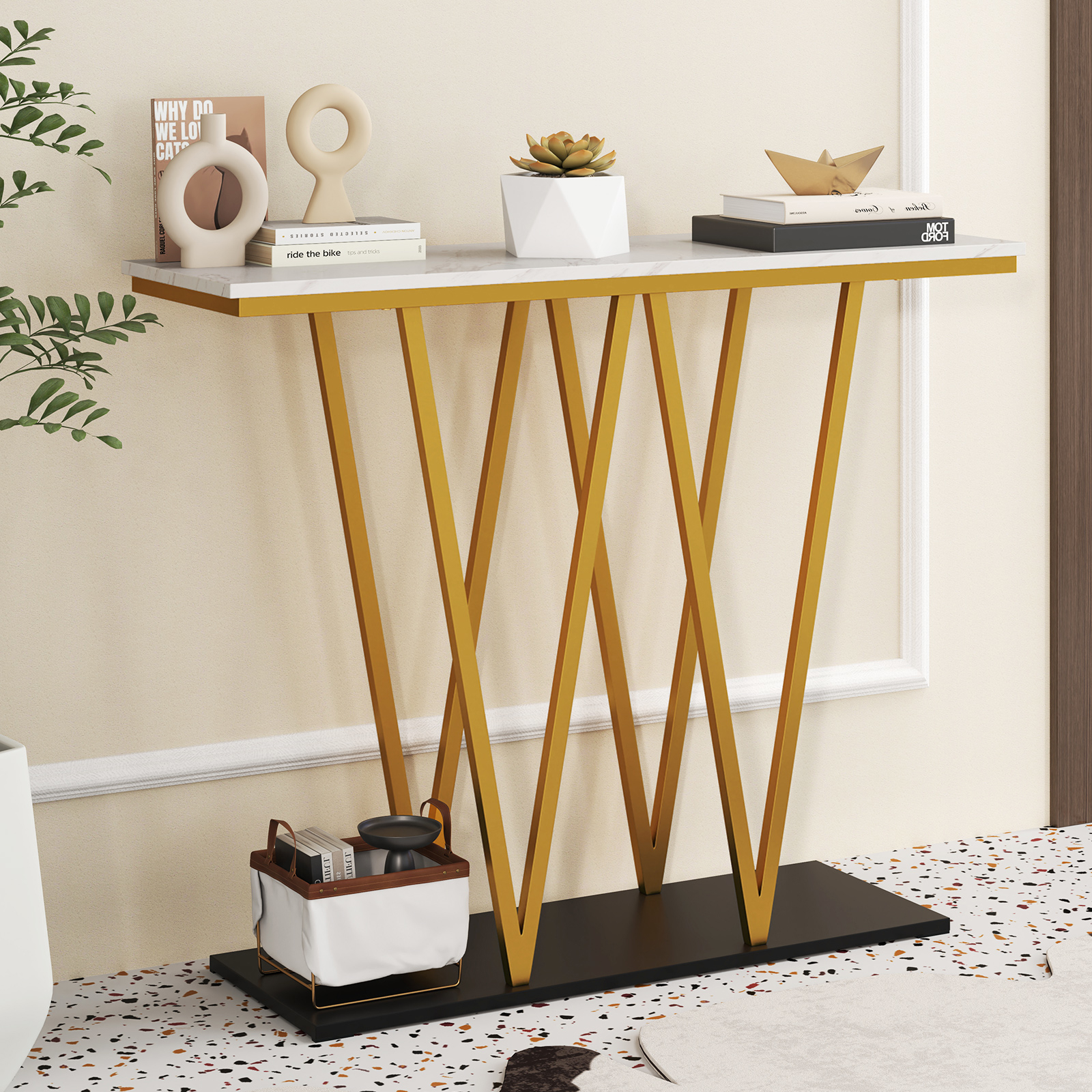 Gold Console Table, 40" Entryway Table With And Sturdy Metal Base, Modern Accent Sofa Table, White