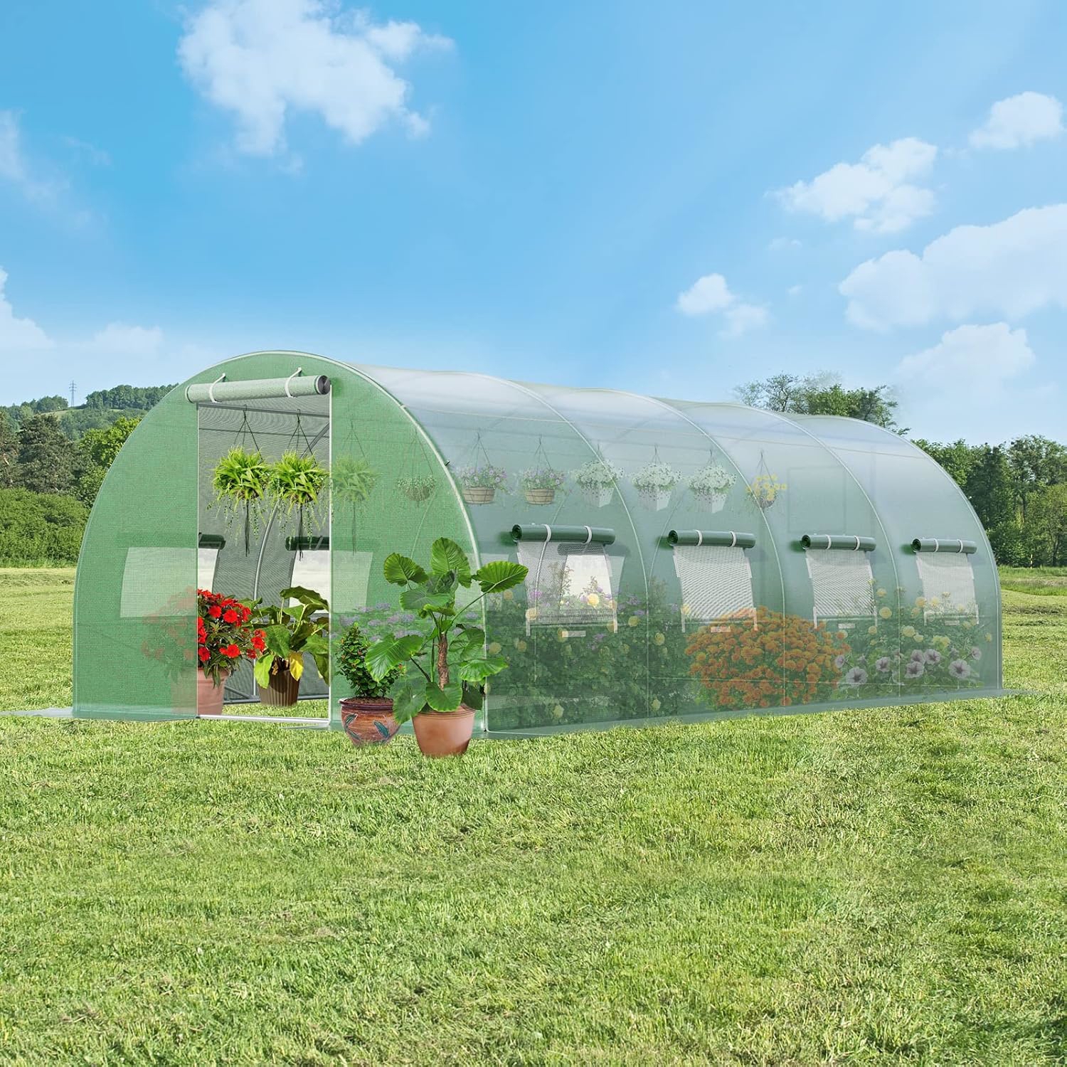 Image of X 6.6 Ft Outdoor Walk-in Tunnel Greenhouse 10 Roll-up Windows, 2 Zippered Doors, Heavy-duty Galvanized , Large Hoop , Windproof Gardening Canopy Tunnel Tent