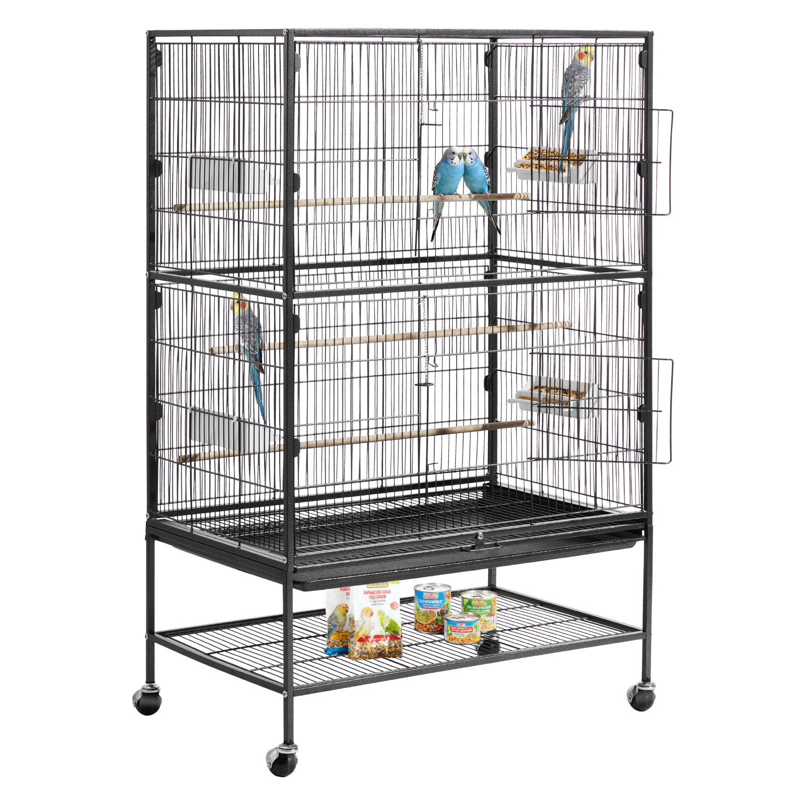 TEMU Vevor Bird Cage, 800 X 520 X 1320mm, Flat Top, Wrought Flight Cage With Perches, Slide-out Tray And Plastic Feeders, Casters, For Parrot, Blue