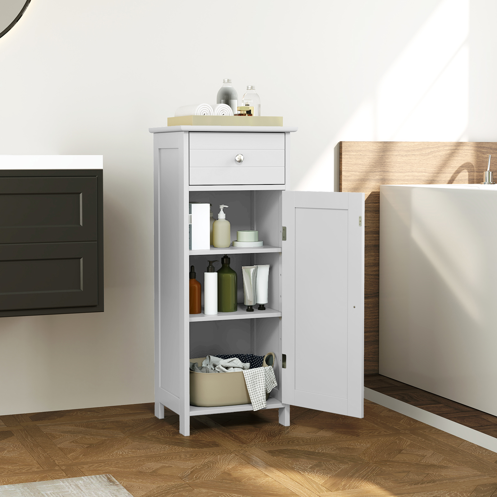 Freestanding Bathroom Floor Cabinet With Drawer And Adjustable Shelves, Versatile Storage Solution