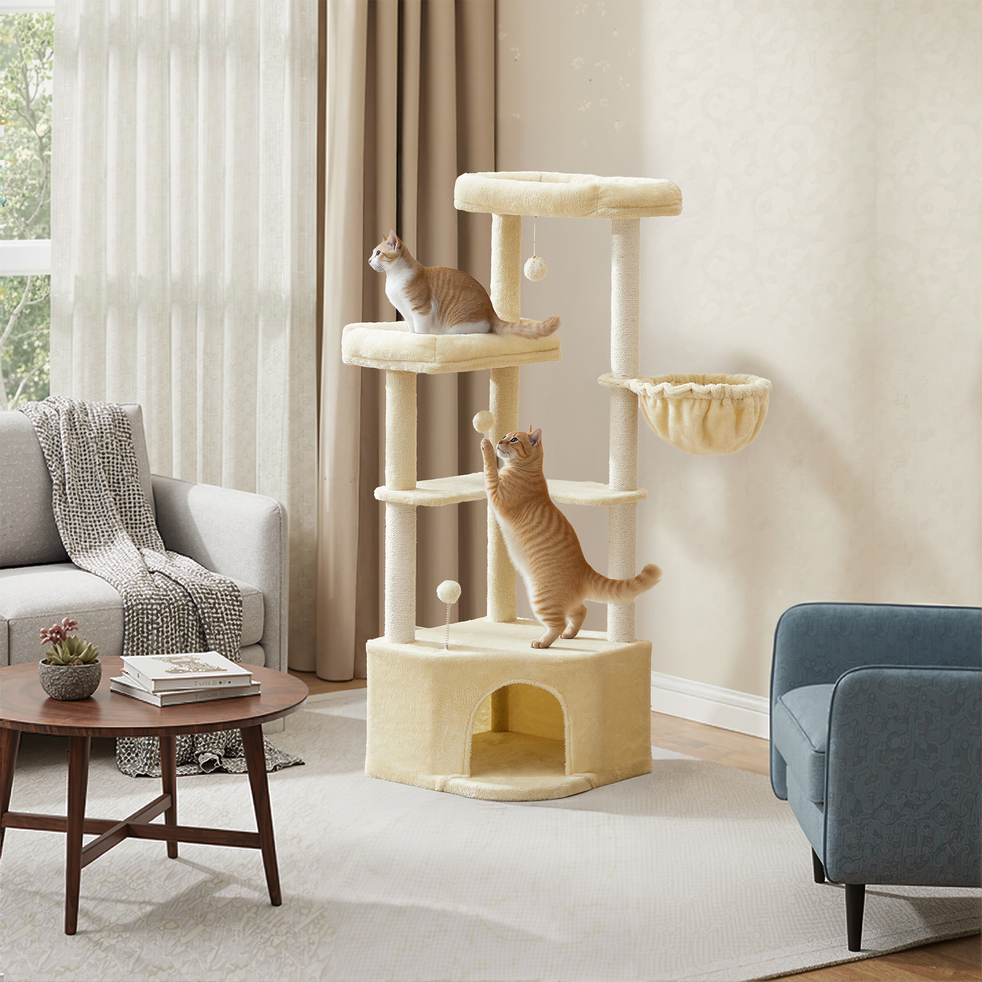 Image of Scratching Post 140.7cm, Cat Tree, Plush Ball Cat Scratching Post With Lying Hollow