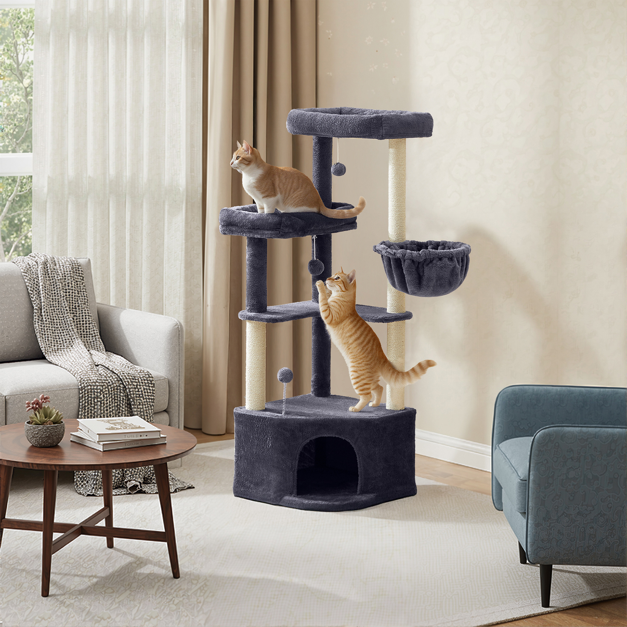 Image of Scratching Post 140.7cm, Cat Tree, Plush Ball Cat Scratching Post With Lying Hollow