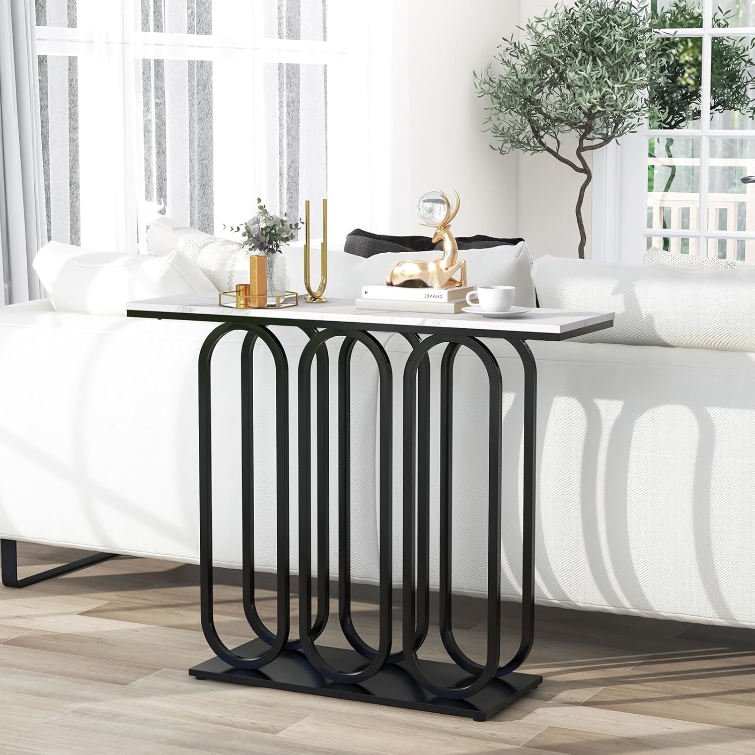100 Cm Console Table, Marble Entryway Table With Adjustable Foot Pads, Metal Frame And Anti-tipping Kits
