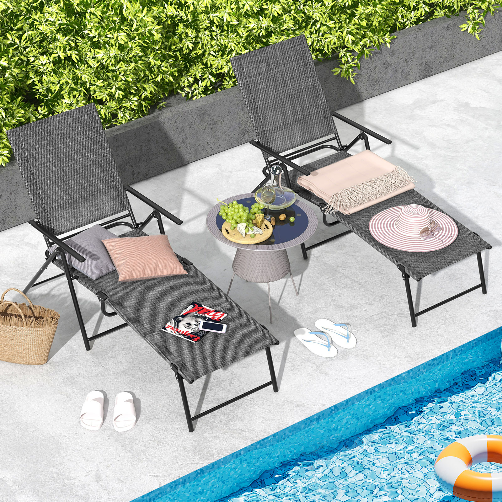 Image of 2 Pcs Folding Chaise Lounge Chair, Adjustable Reclining Beach Chairs With 6 Adjustable Gears, Chaise Lounge Chairs For Yard Porch Deck Backyard, Adults 150kg