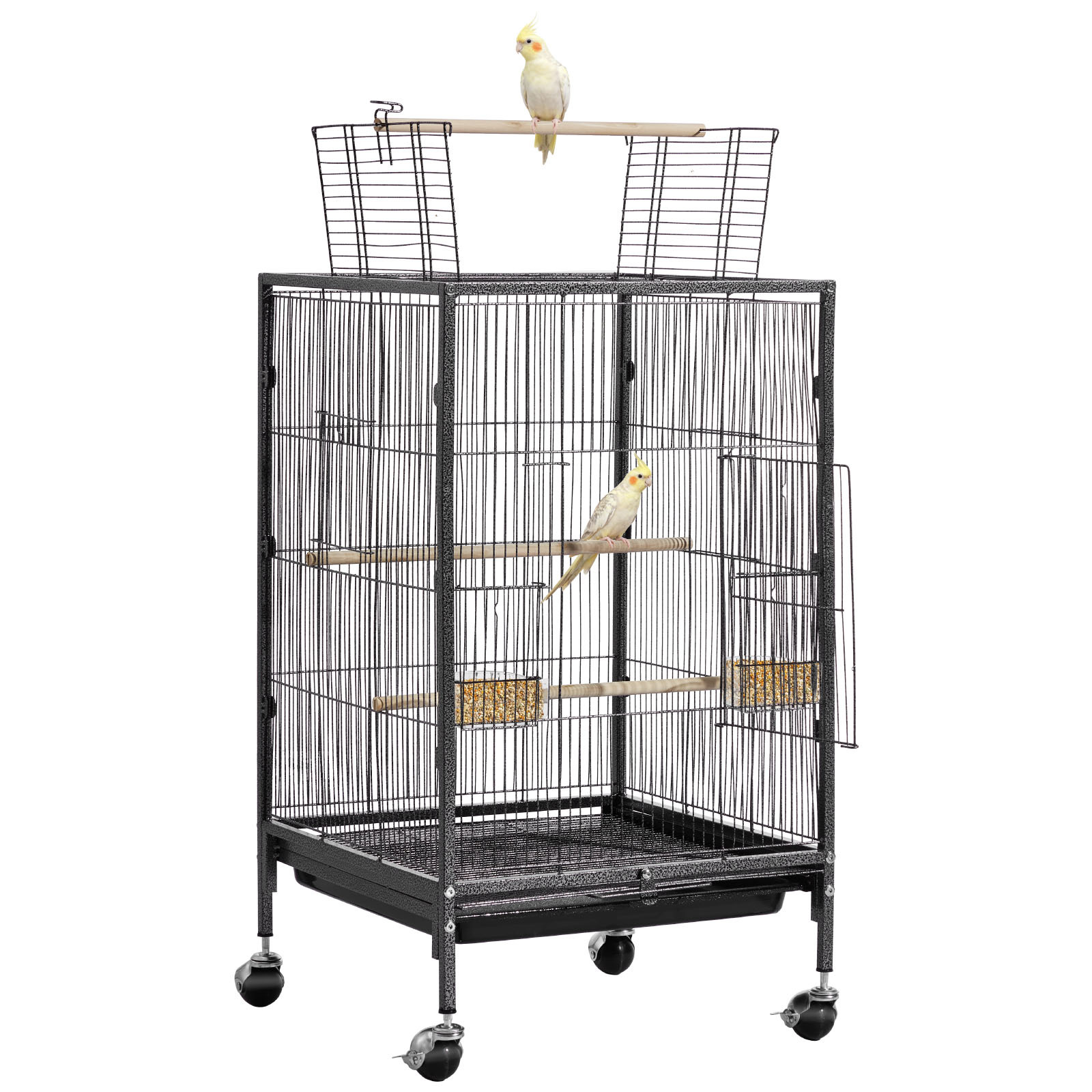 Image of Vevor Bird Cage, 460 X 460 X 770 Mm, Open Flat Top, Wrought Flight Cage With Perches, Slide-out Tray And Plastic Feeders, Casters, For Parrot, Blue Tit, Cockatiel, Canary, Budgerigar, Conure