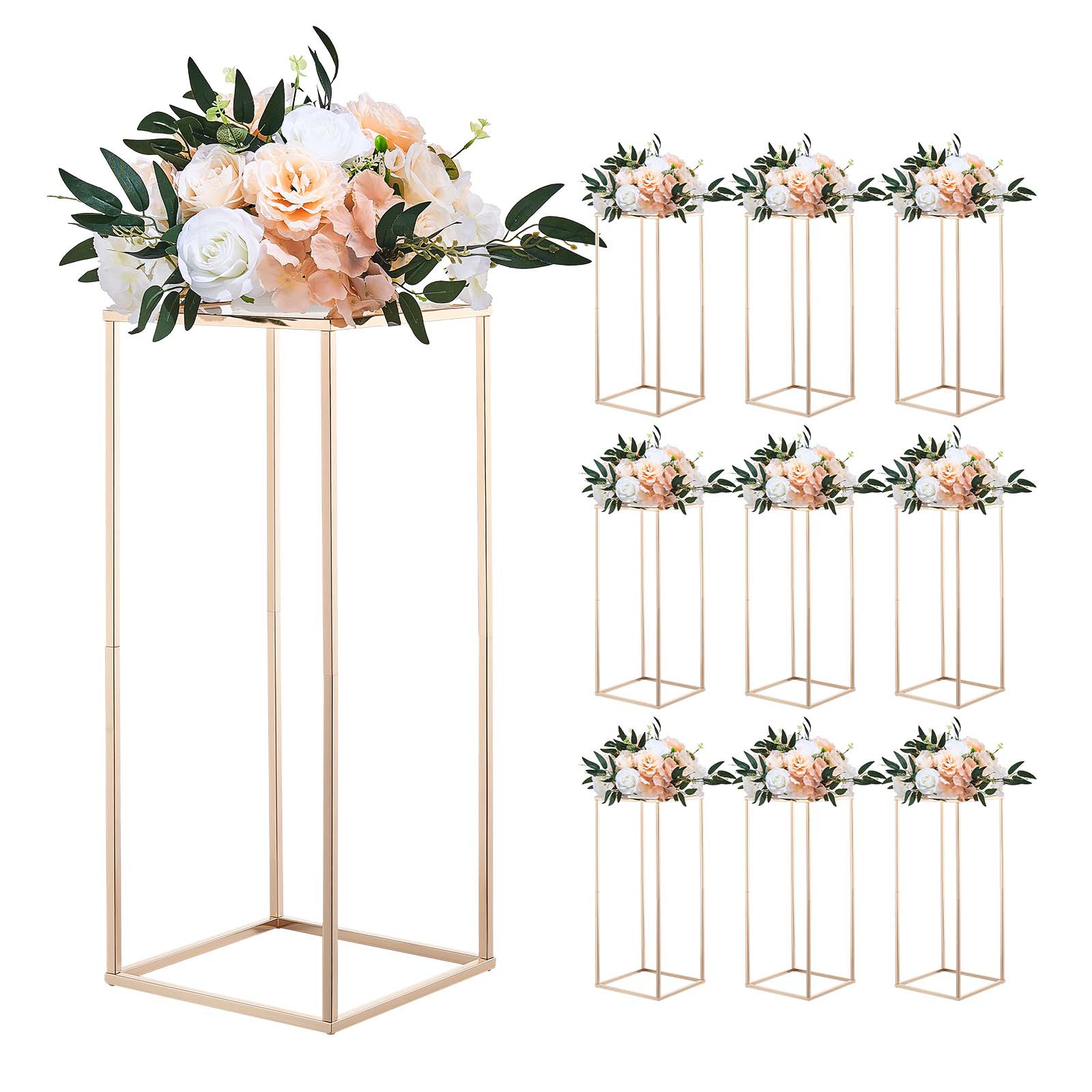 Image of Vevor Wedding Flower Stand, 10pcs 60cm Column Flower Stand, Floral Stands With Acrylic Laminate, Gold Rectangular Floral Display Rack For Wedding, Party, Birthday, Home, Gold Centerpiece Stands
