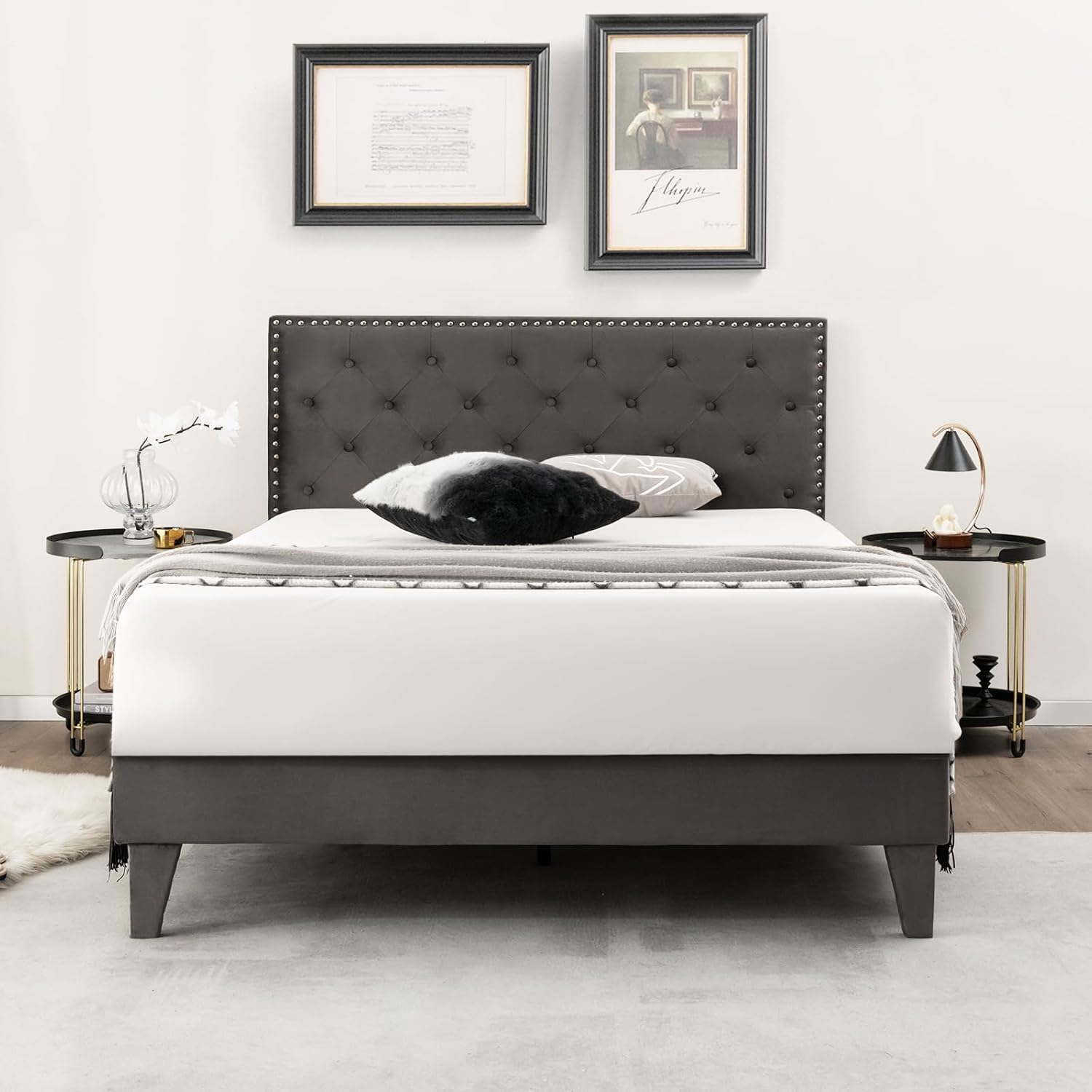 Platform Bed Frame With Padded Headboard 140 X 200 Cm, Double Bed With Solid Wood Slatted Base