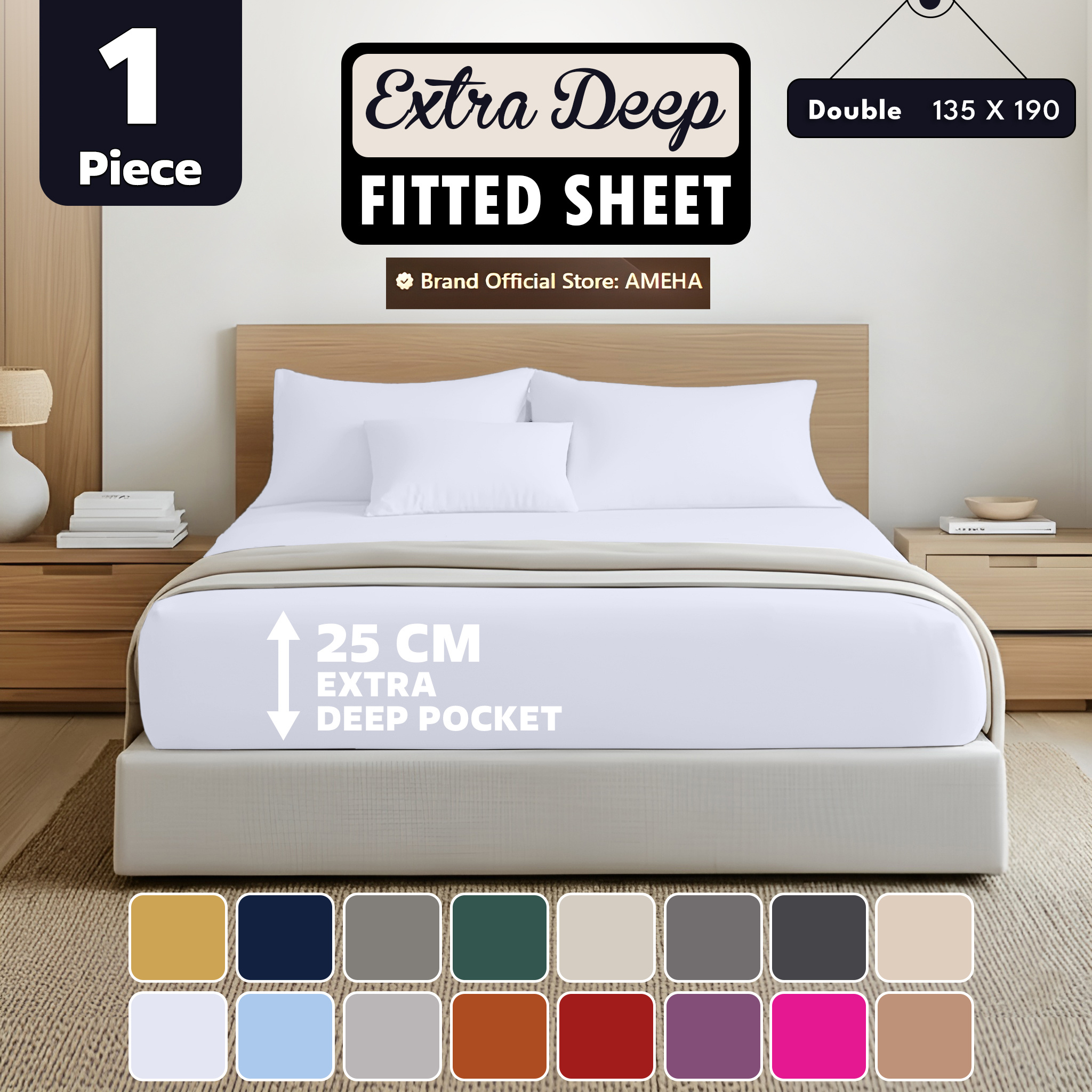 TEMU 1pc 25cm Extra Deep Fitted Sheet – Solid -quality Bedsheet, & Brushed Microfiber Bedding Sheet, Machine Washable, Single, Double, King, & Super