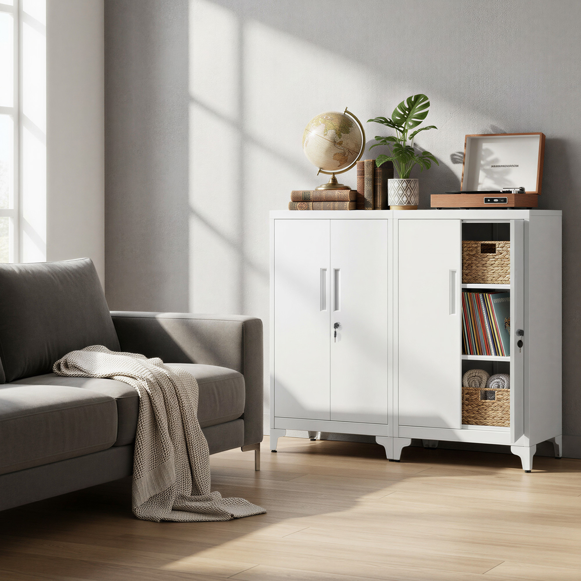 Storage Cabinet For Garage Or Office With Lock, White