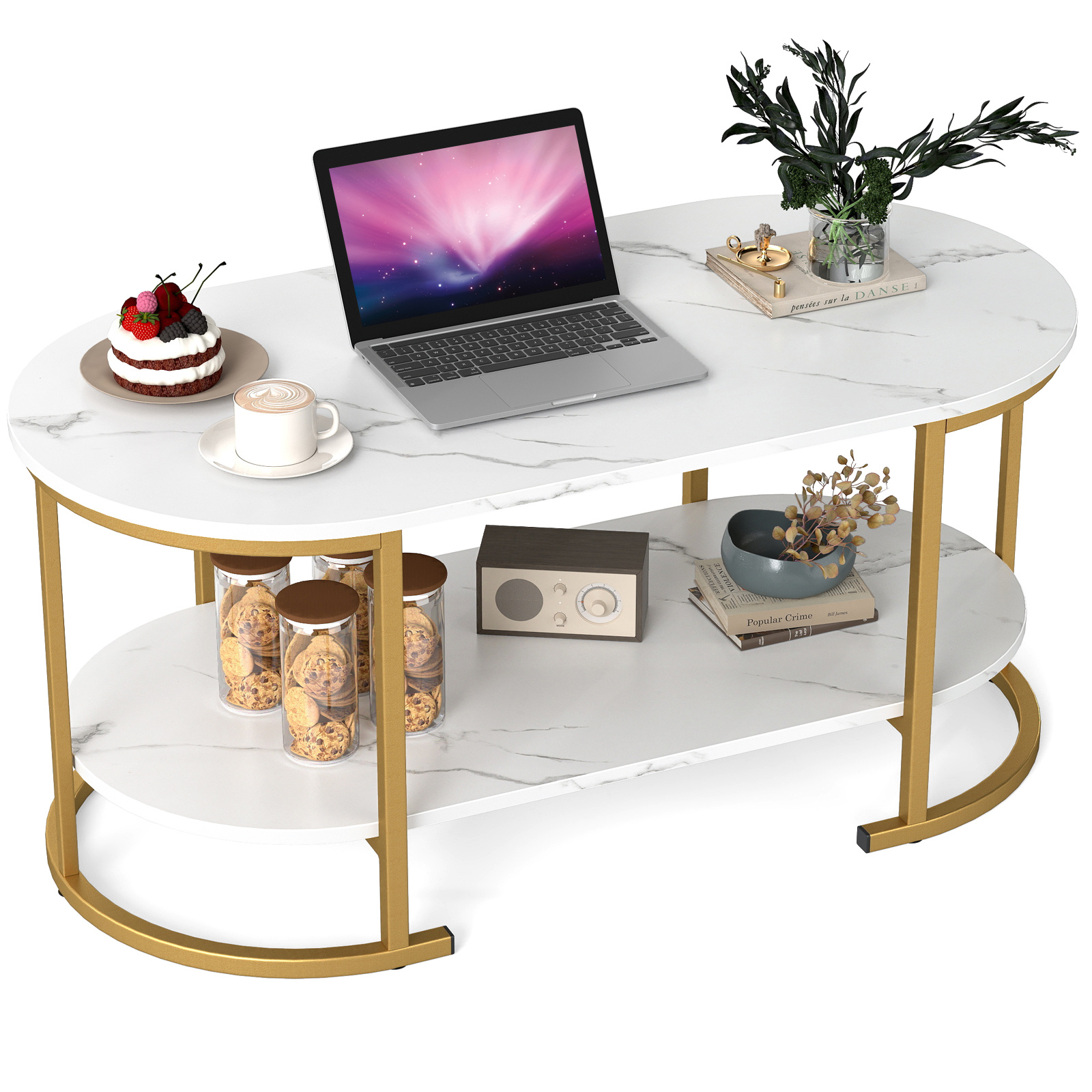 TEMU Gymax White Marble Coffee Table, 2-tier Modern Oval Center Table With Open Storage Shelf, Gold Metal Frame Cocktail Table For Living Room,
