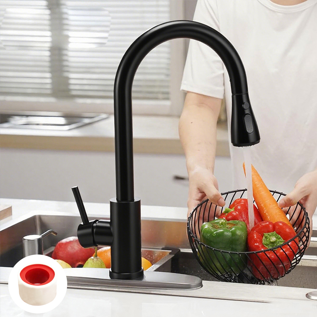 TEMU Heavy-duty 304 Stainless Steel Kitchen Faucet With Pull-out Sprayer - Dual Hot/, Gooseneck Spout, Single Hole Mount, Ceramic Valve & G1/2
