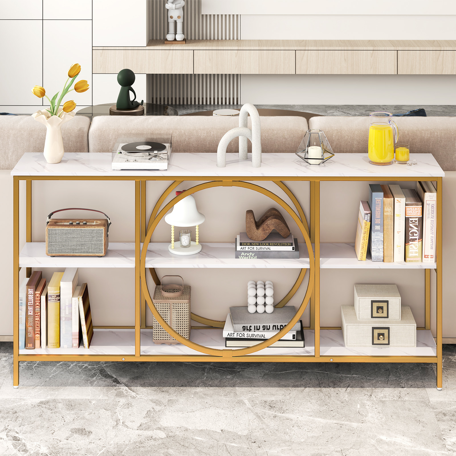 3 Level Console Table With Artificial Marble Surface, High Strength Metal Entrance Frame, Modern Accent Table With Exhibition Racks