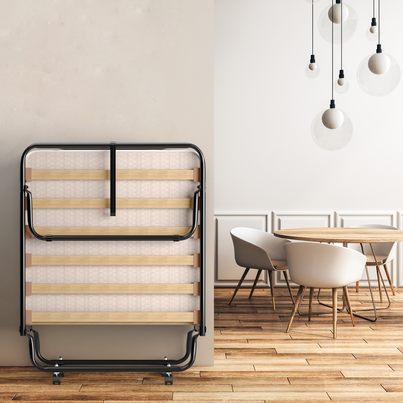 Folding Bed 80 X 190 Cm, Vertical Folding Bed Base With 6.5 Cm Memory Foam Mattress, Metal Frame With 4 Wheels