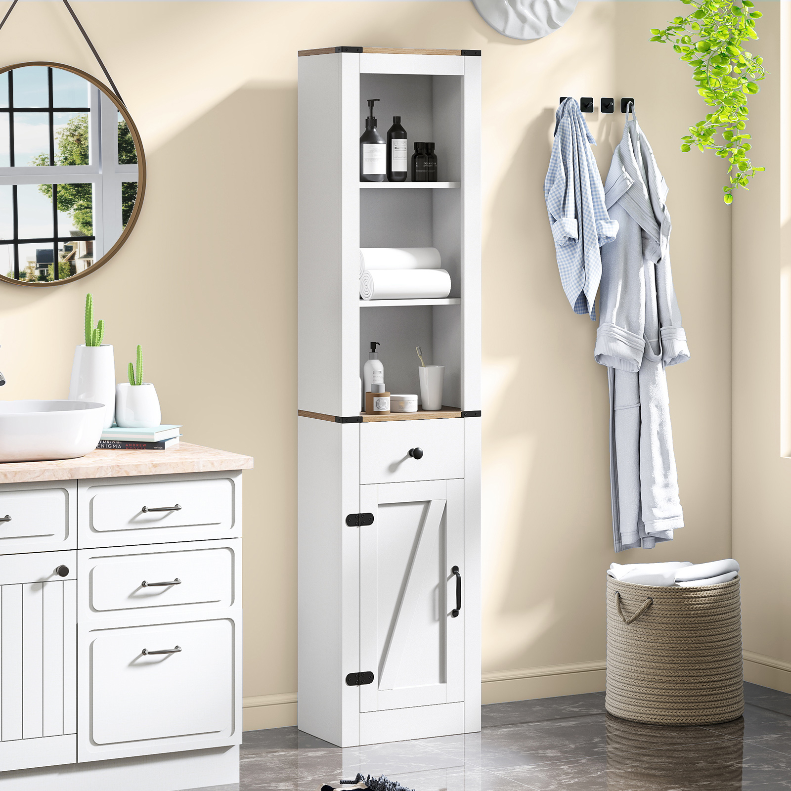 68" Tall Bathroom Cabinet, Farmhouse Storage Organizer With Pull-out Drawer, Adjustable Shelf And 3 Open Compartments
