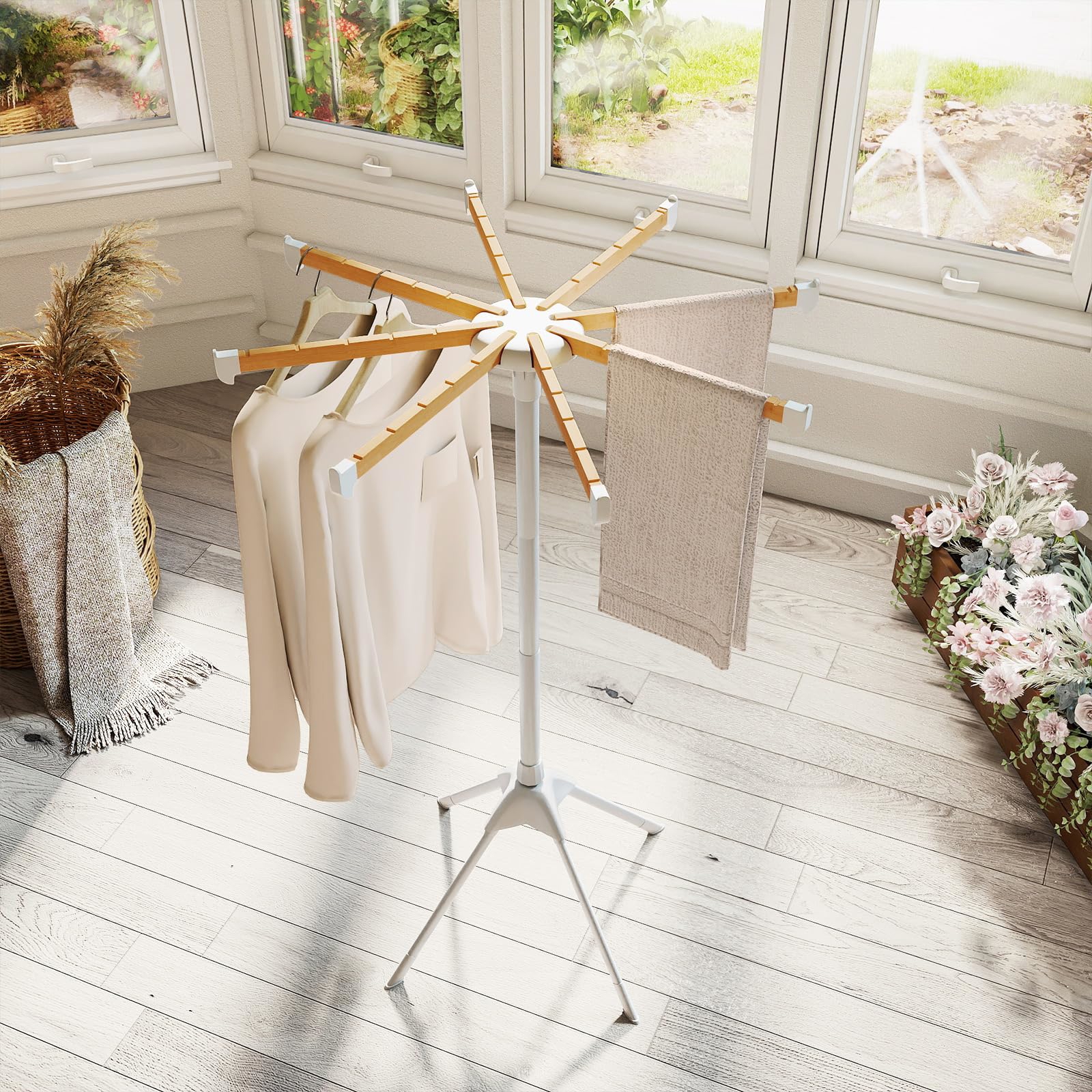 Clothes Drying Rack, Foldable Laundry Drying Rack With 8 Bamboo Hanging Rods, 4-legged Design