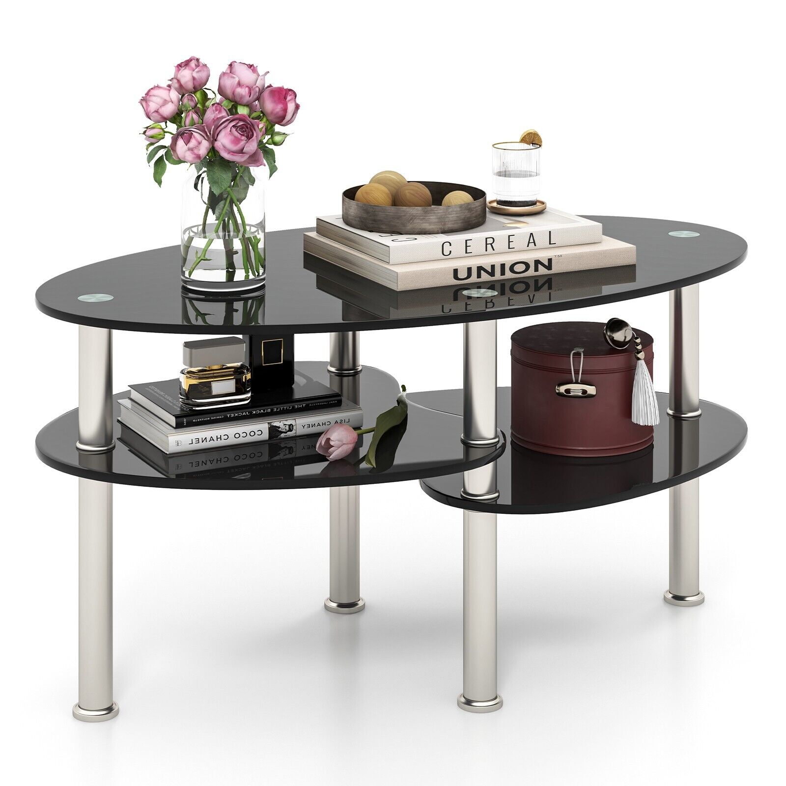   oval shaped   tier tempered glass coffee table contemporary geometric centerpiece with sturdy metal frame open storage shelves stylish accent table for living room office