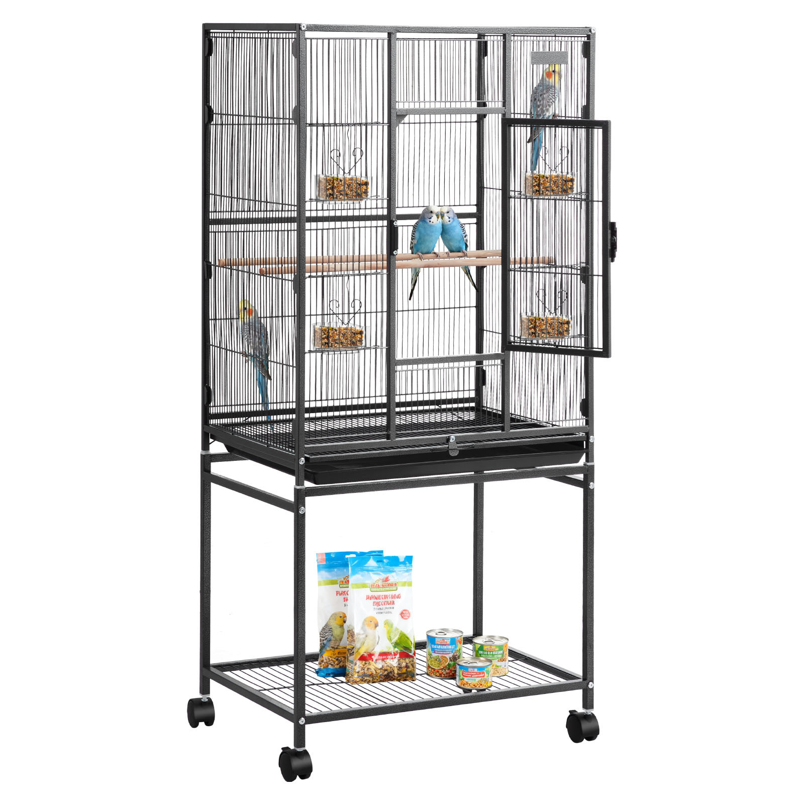 TEMU Vevor Bird Cage, 625 X 425 X 1370 Mm, Flat Top, Wrought Flight Cage With Perches, Slide-out Tray And Plastic Feeders, Casters, For Parrot, Blue