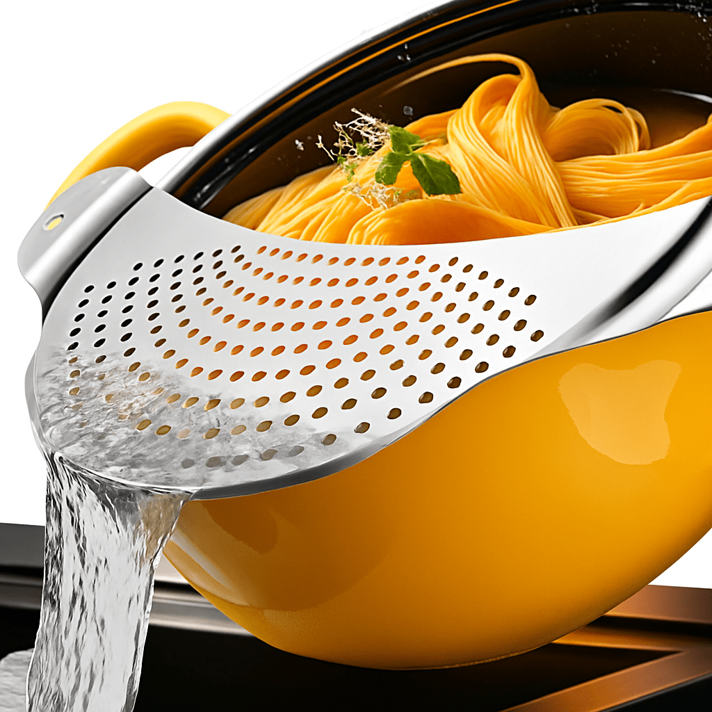 Home Stainless Steel Pasta Strainer – Draining Aid For Pots Up To Ø | Flat, Space- Design | Ideal For Pasta, Potatoes & Vegetables