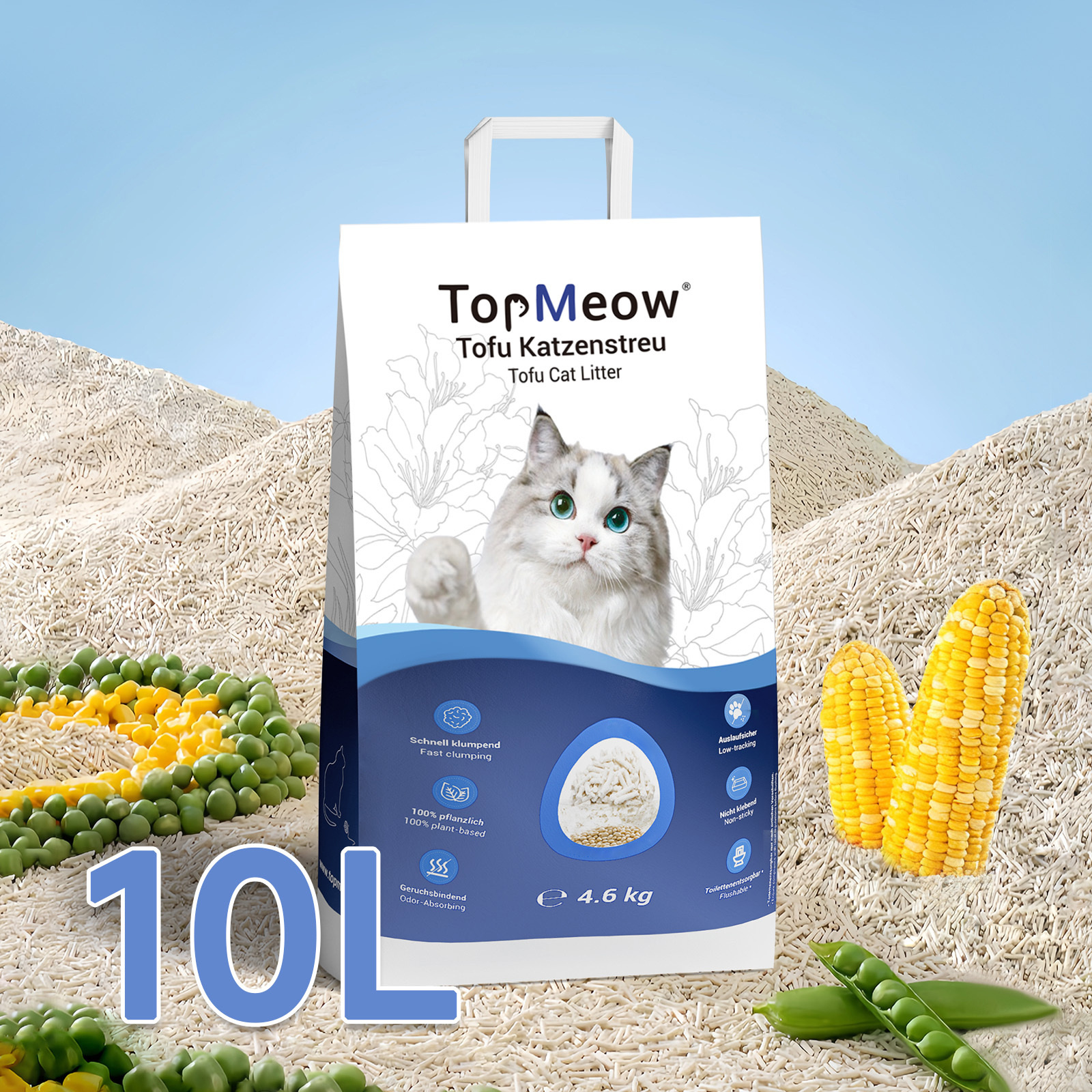 E-shop Tofu Katzenstreu 10L, Pflanzliche Katzenstreu klumpend, Staubarm mit starker Geruchsbindung, Löslich im Wasser, staubarm & starke Geruchsbindung