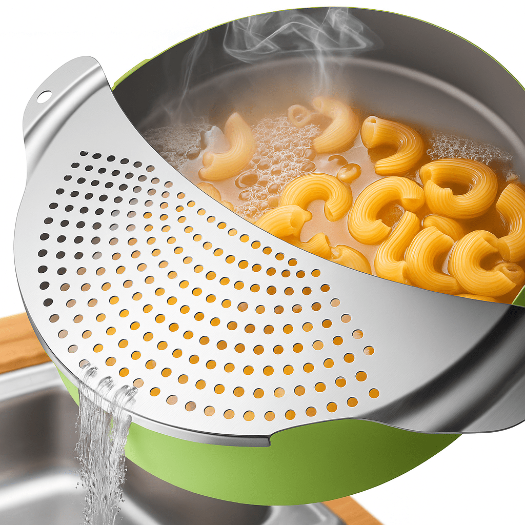 Image of Home Stainless Steel Strainer - Innovative Pouring Aid For Pans And Pots Up To In Diameter | Durable Kitchen Strainer For Noodles & Vegetables