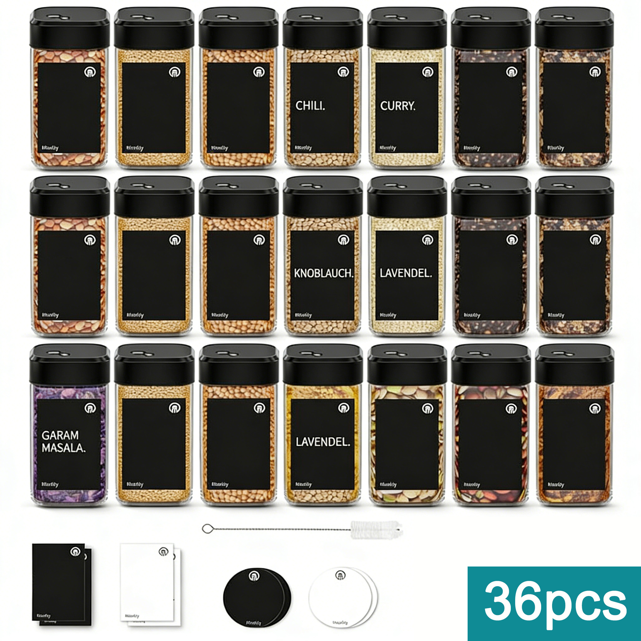 E-shop 36 Gewürzgläser Eckig,120ML Gewürzdosen Set mit Streueinsatz,Gewürzstreuer mit Drehdeckel-Starke Versiegelung,Edelstahl-Glas Gewürz Organizer