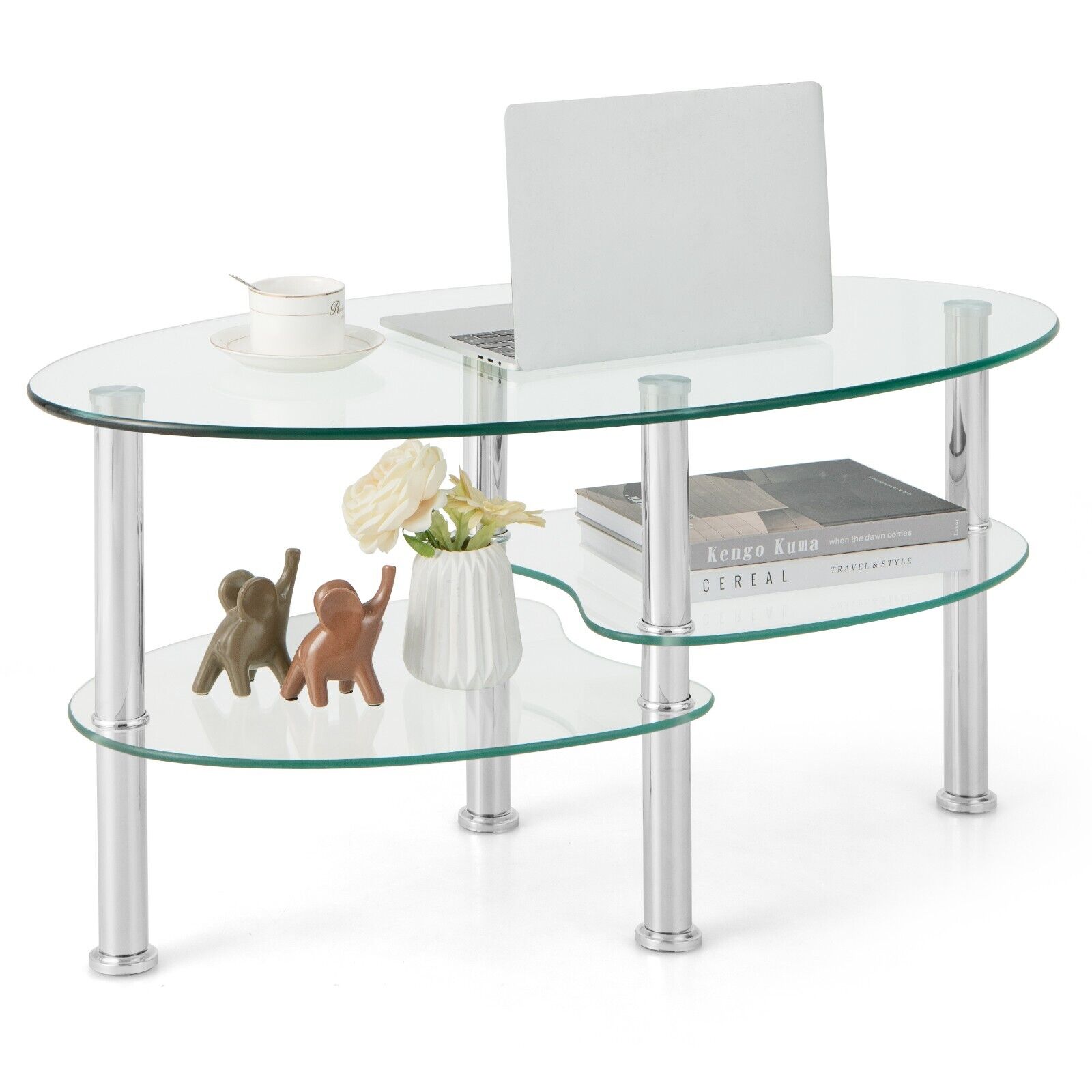   oval shaped transparent 3 tier tempered glass coffee table contemporary geometric centerpiece with sturdy metal frame open storage shelves stylish accent table for living room office