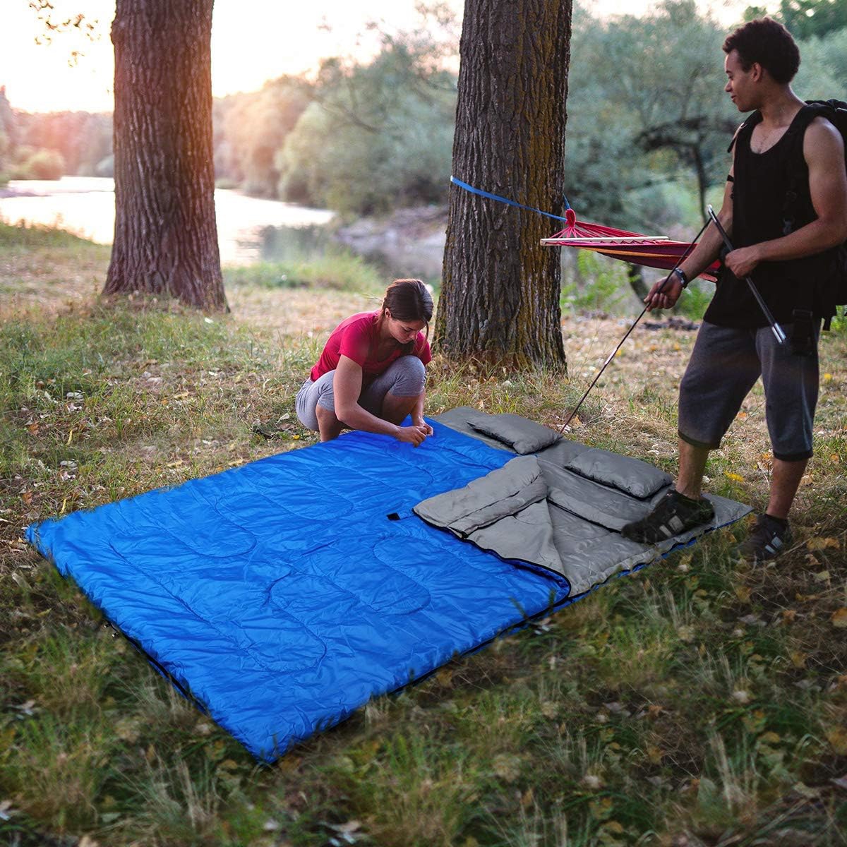 Double Sleeping Bag 2 Person Waterproof Sleeping Bag W/ 2 Pillows And Carrying Bag For Camping &traveling