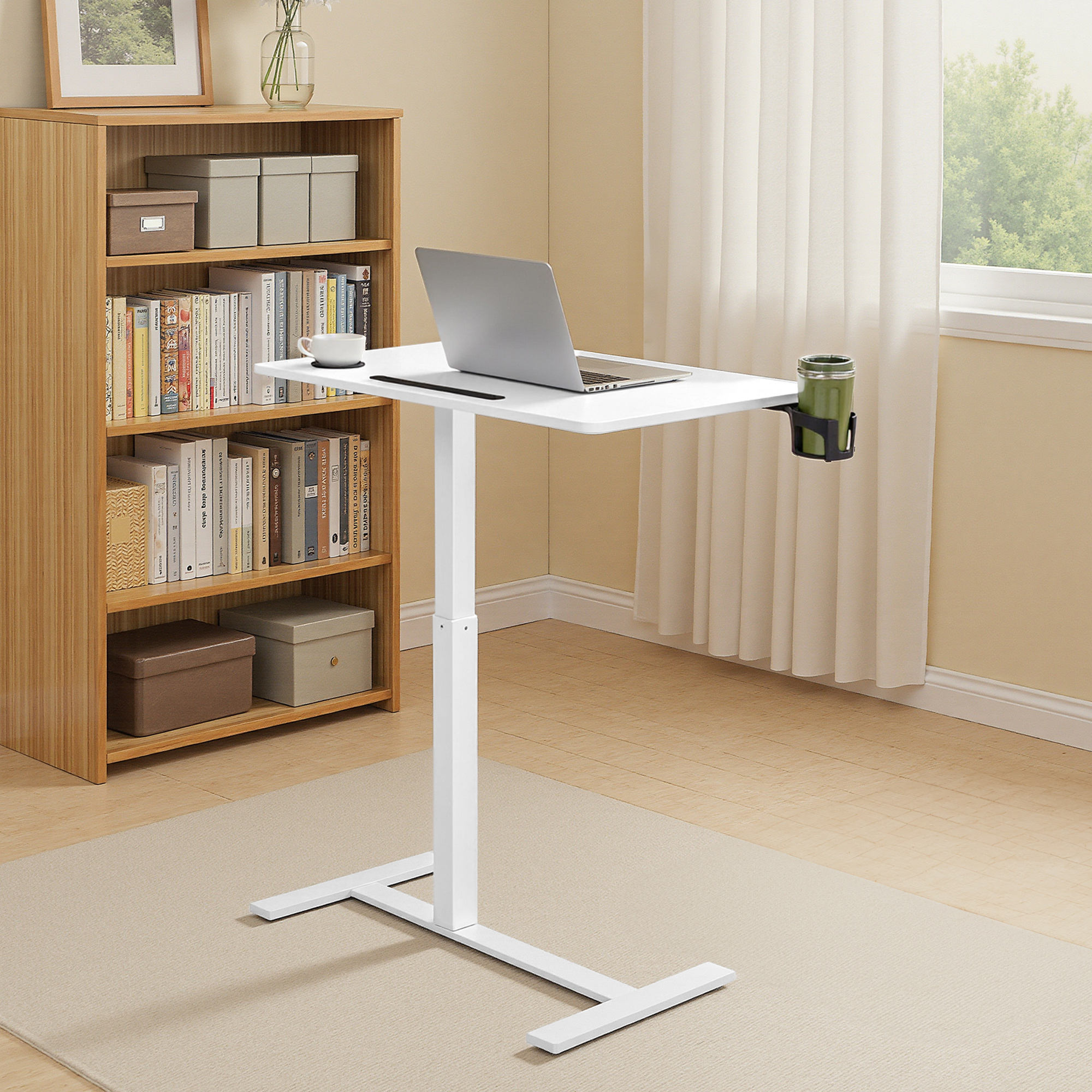 Bar Table, Side Table With Wheels, 70 X 40 Cm Table Top, Adjustable, 2 Cup Holders, White/black