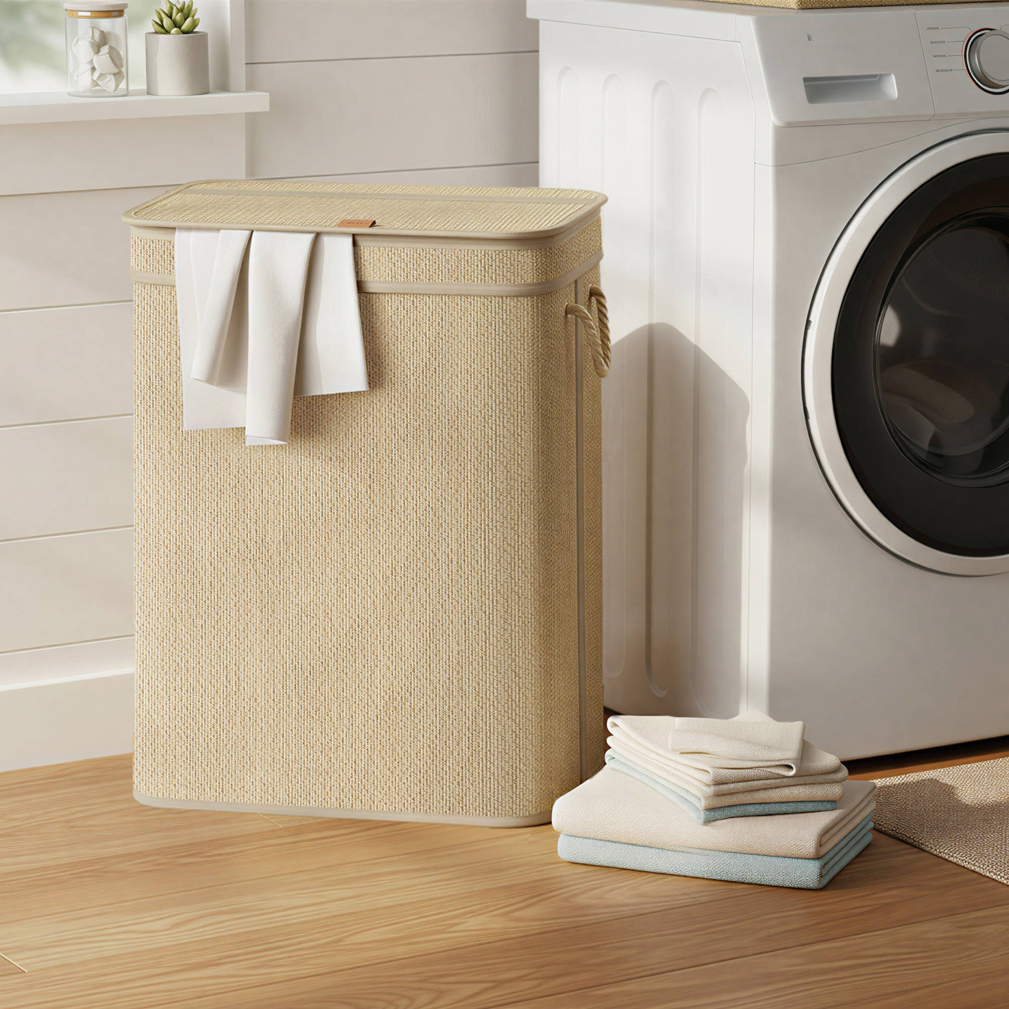 Bamboo Laundry Basket, Removable And Washable Laundry Bag, 90l, With Handles And Lid, For Bathroom, Natural