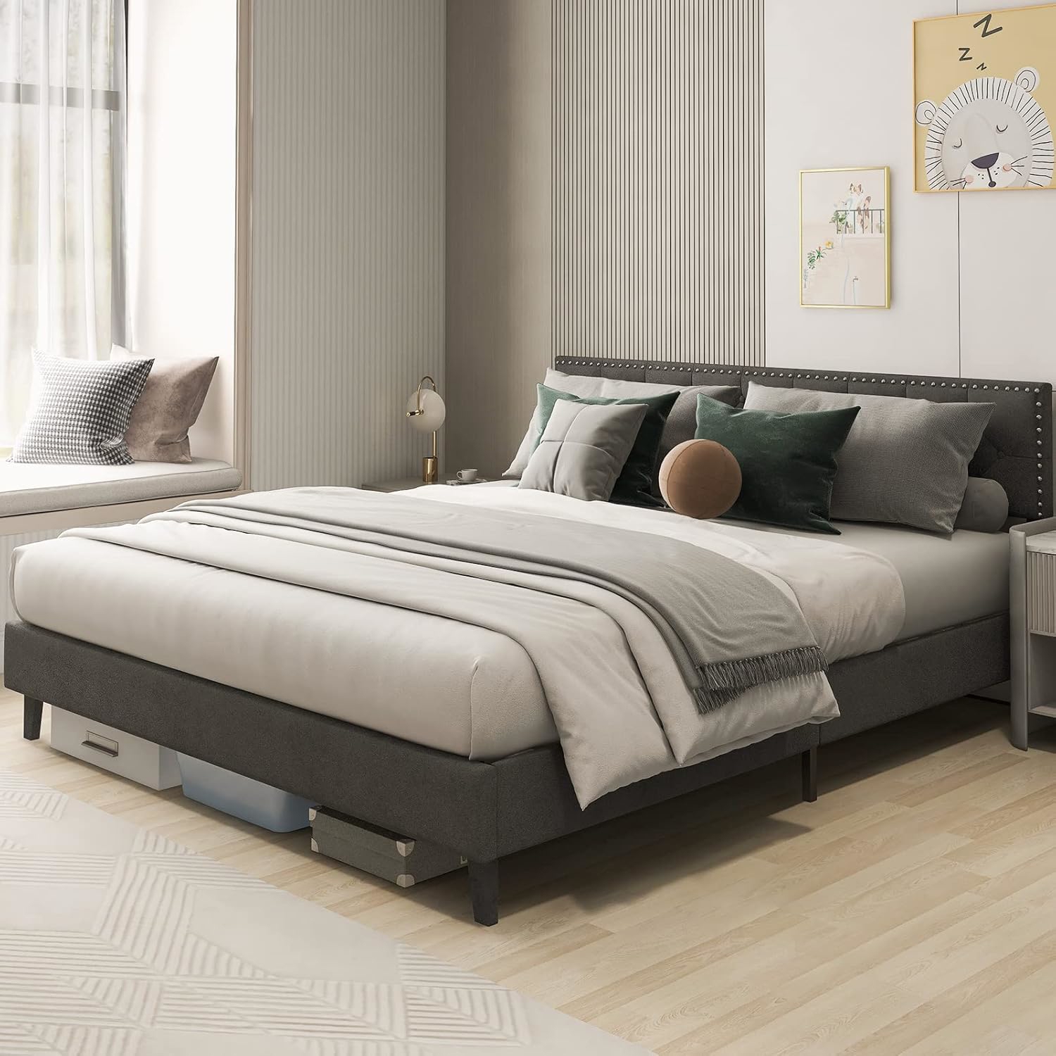 Platform Bed Frame With Padded Headboard 180 X 200 Cm, Double Bed With Solid Wood Slatted Base