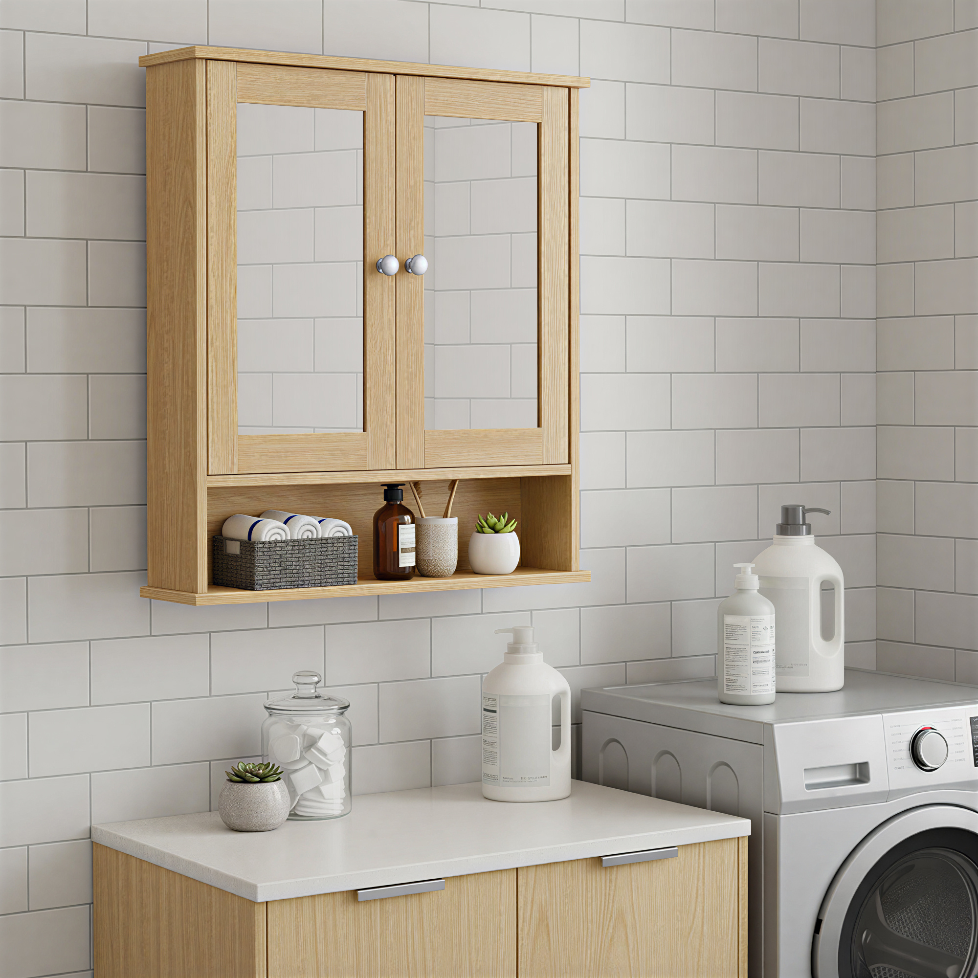 Wardrobe With Mirror, Bathroom Cabinet With 2 Mirrored Doors And Open Shelf, Adjustable Storage, 13 X 56.5 X 58.5 Cm