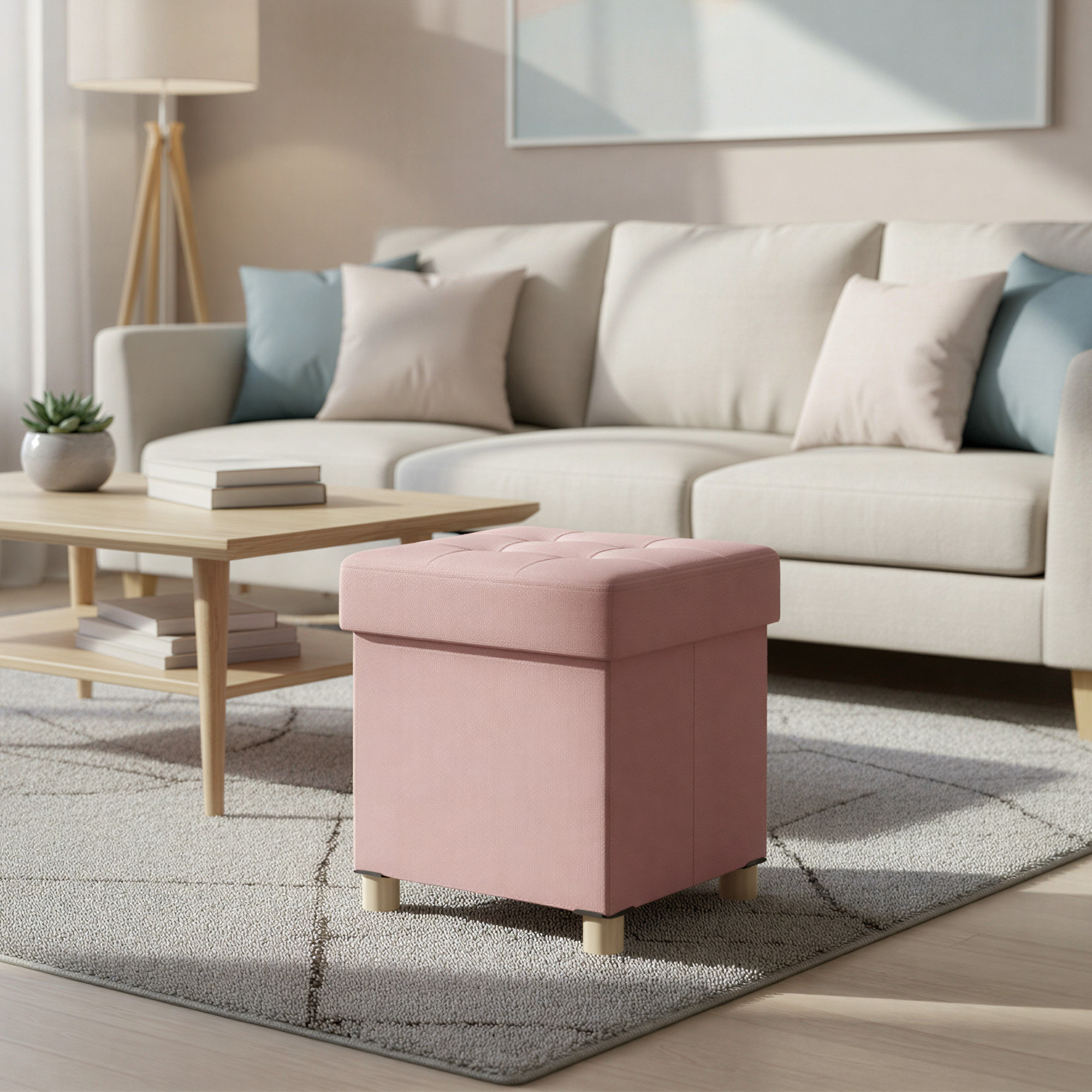 Foldable Storage Stool With Lid, 38 X 38 X 40 Cm, Seat Bench With Storage Space, Up To 300 Kg Capacity, Pink
