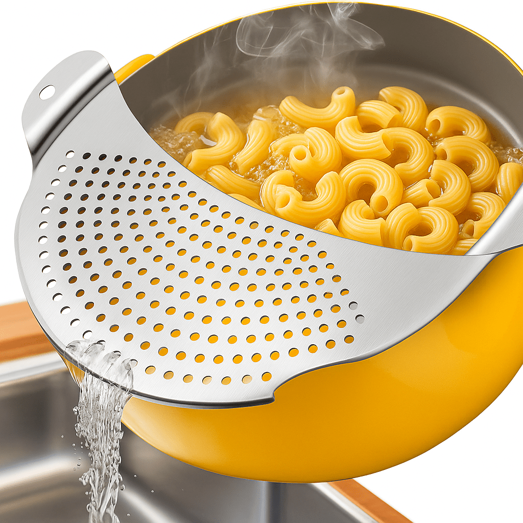 Home Stainless Steel Pasta Strainer – Draining Aid For Pots Up To Ø | Flat Design, Space- | Ideal For Pasta, Potatoes & Vegetables