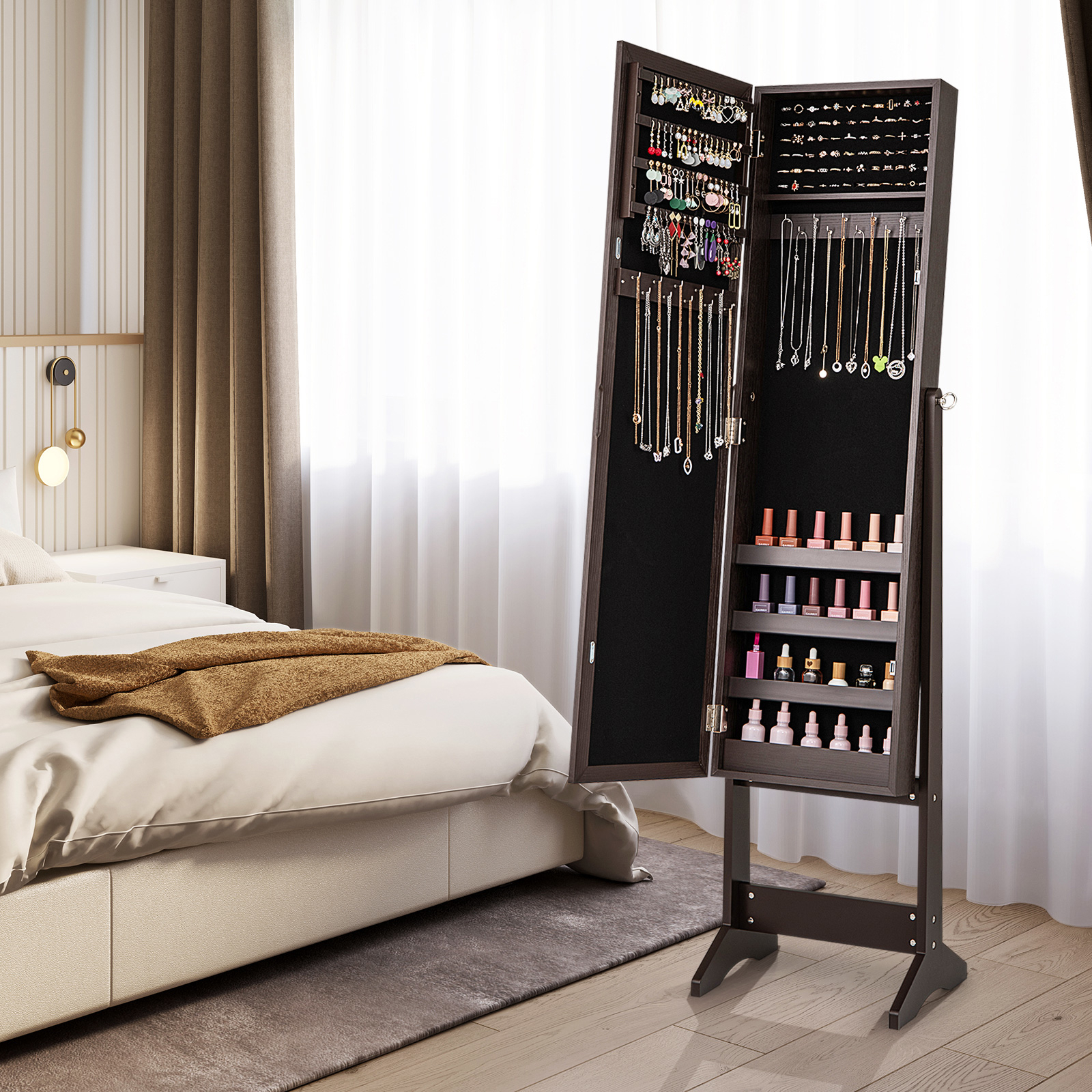 Image of Mirrored Jewelry Armoire, Standing Jewelry Cabinet W/ Full-length Mirror, 3 , Cosmetics Storage Organizer W/ 20 Necklace Hooks, 64 Earring Slots, 72 Ring Slots & 4 Storage Shelves