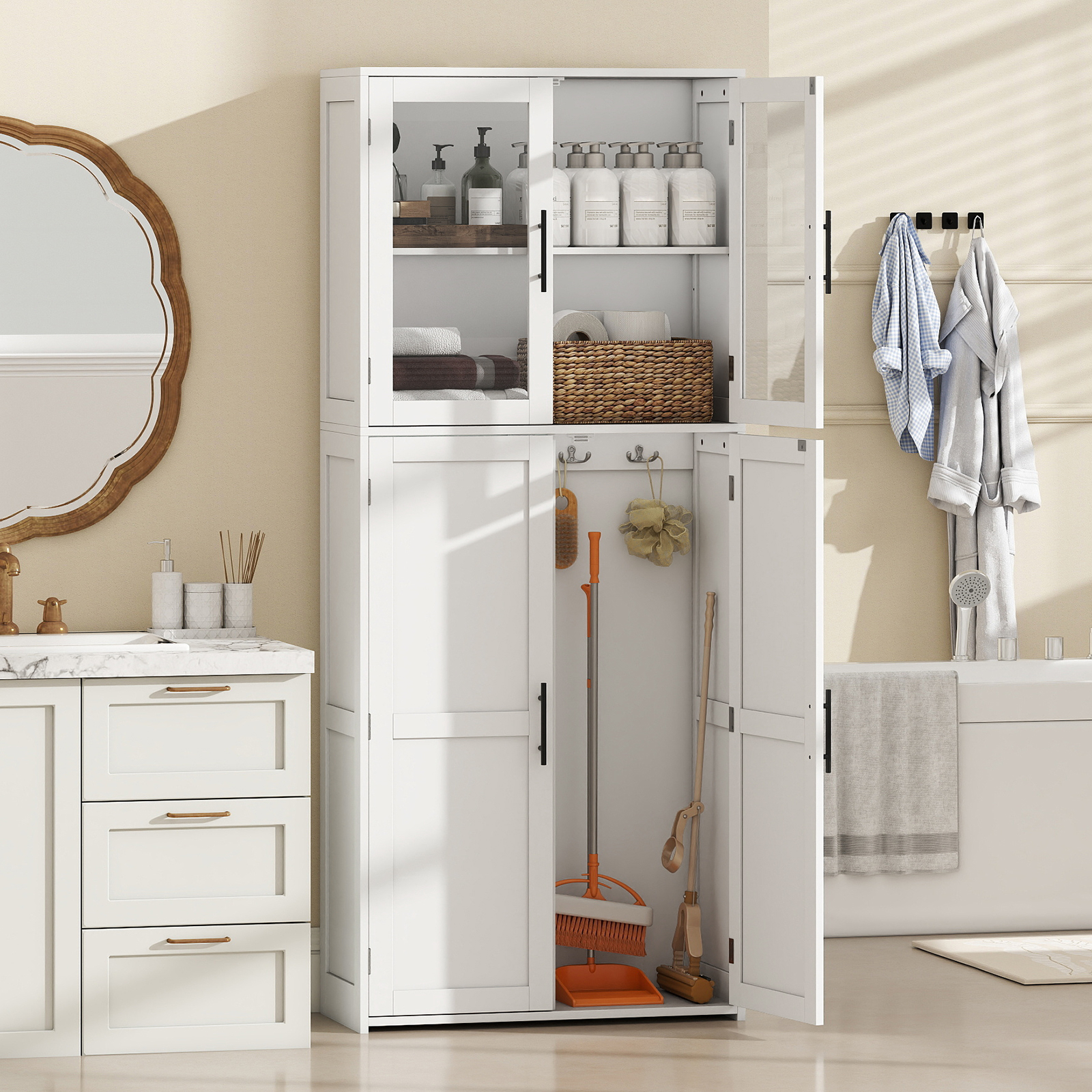 Image of Broom Closet Storage Cabinet, Wooden Utility Organizer W/doors, Shelves & Hanging Hooks For Mops & Vacuum Cleaners, 66" Tall Freestanding Cleaning Tool Cabinet For Home Office, White
