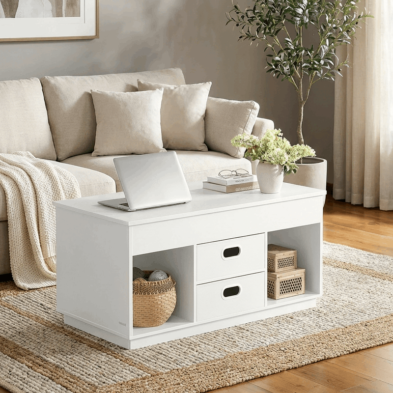 E-shop Couchtisch höhenverstellbar Multifunktions 50 x 100 x 48 cm-62,3 cm, Wohnzimmertisch/Kaffeetisch/Sofatisch, 2 Schubladen, versteckte Fächer,
