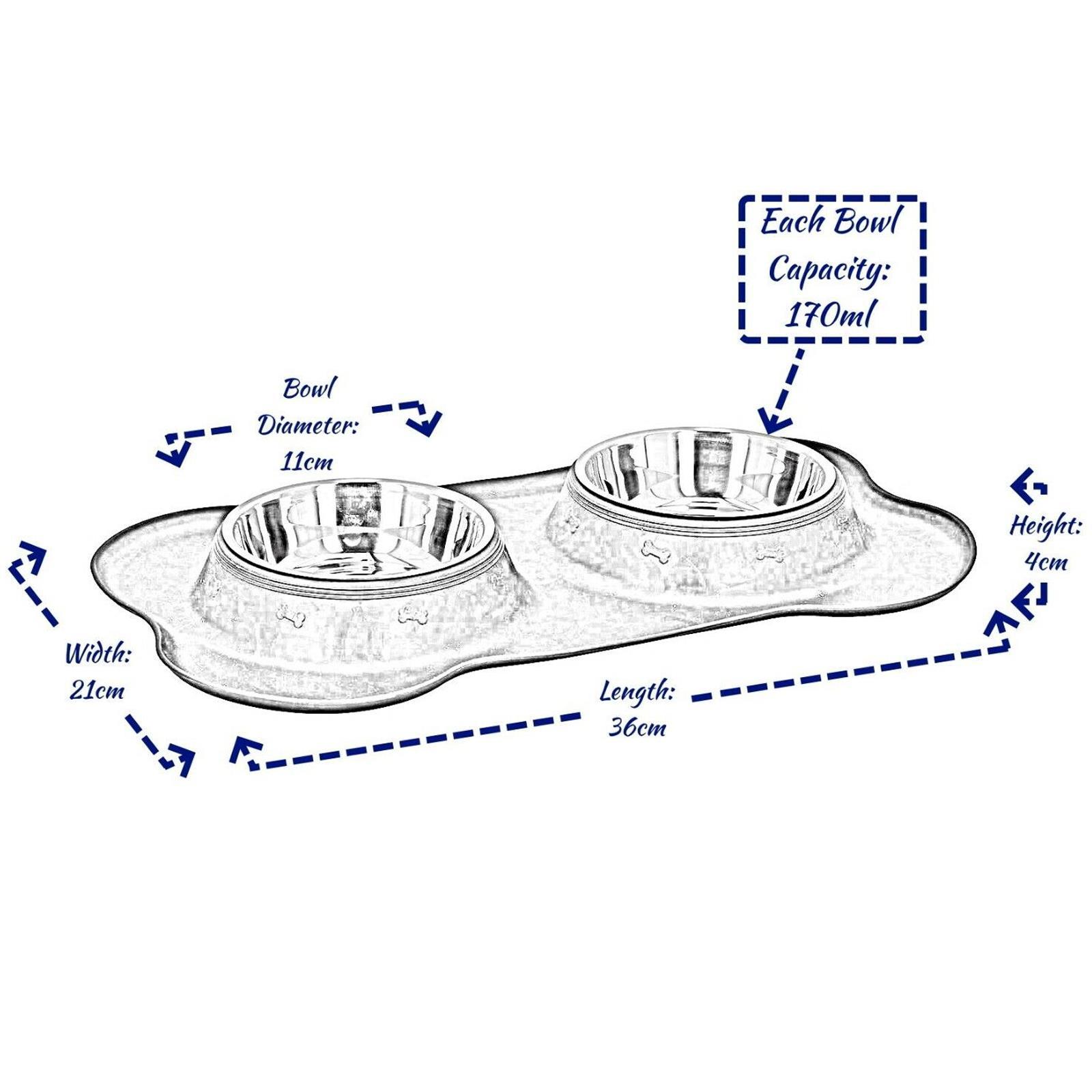 Hush Paws Double Dog Bowl Pet Bowls, Stainless Steel Double Bowls Set 170ml with Non-Spill Silicone Mats Tray for Dogs Cats Puppies Water Food Feeding Bowl - 36 x 21 cm
