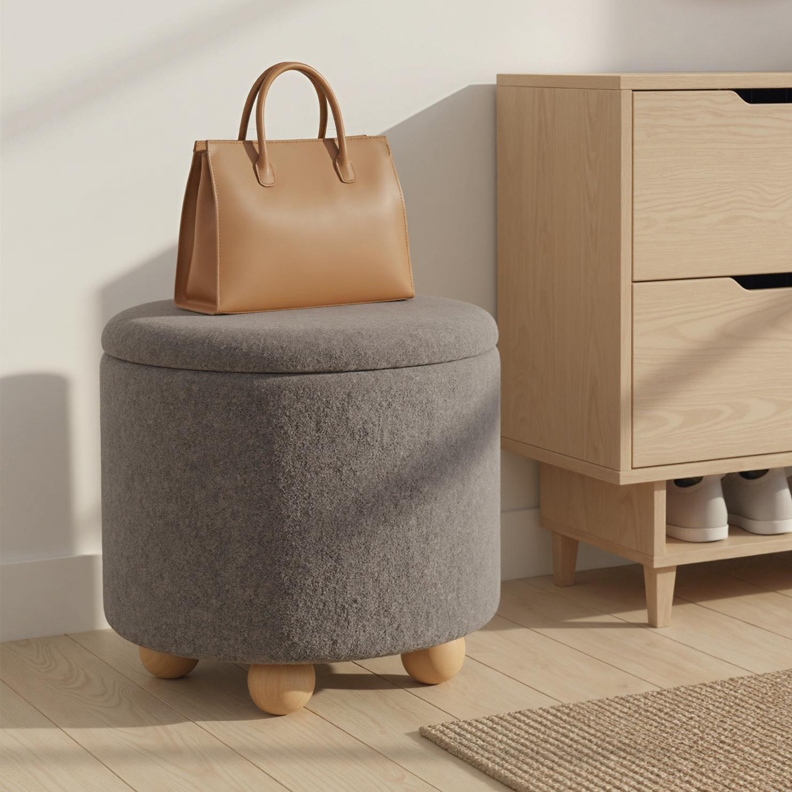 Image of Round Storage Ottoman, 44,5 Cm Chenille Fabric Footrest Stool With Removable Lid, Rubber Wood Legs, Hidden Storage Space, 35l Upholstered Ottoman For Living Room Bedroom, To 150 Kg, Grey