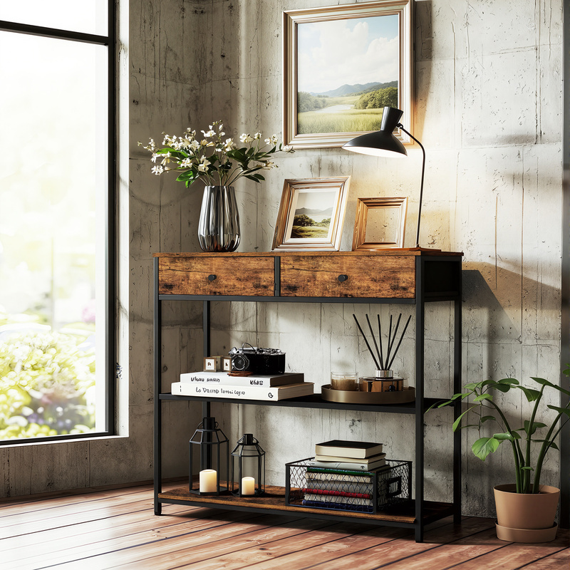 Image of Side Table, Hallway Console, With 2 Fabric-lined Drawers, 24 X 76 X 80 Cm, Slim Console, Suitable For Or Living Rooms, Vintage Finish In Brown-black