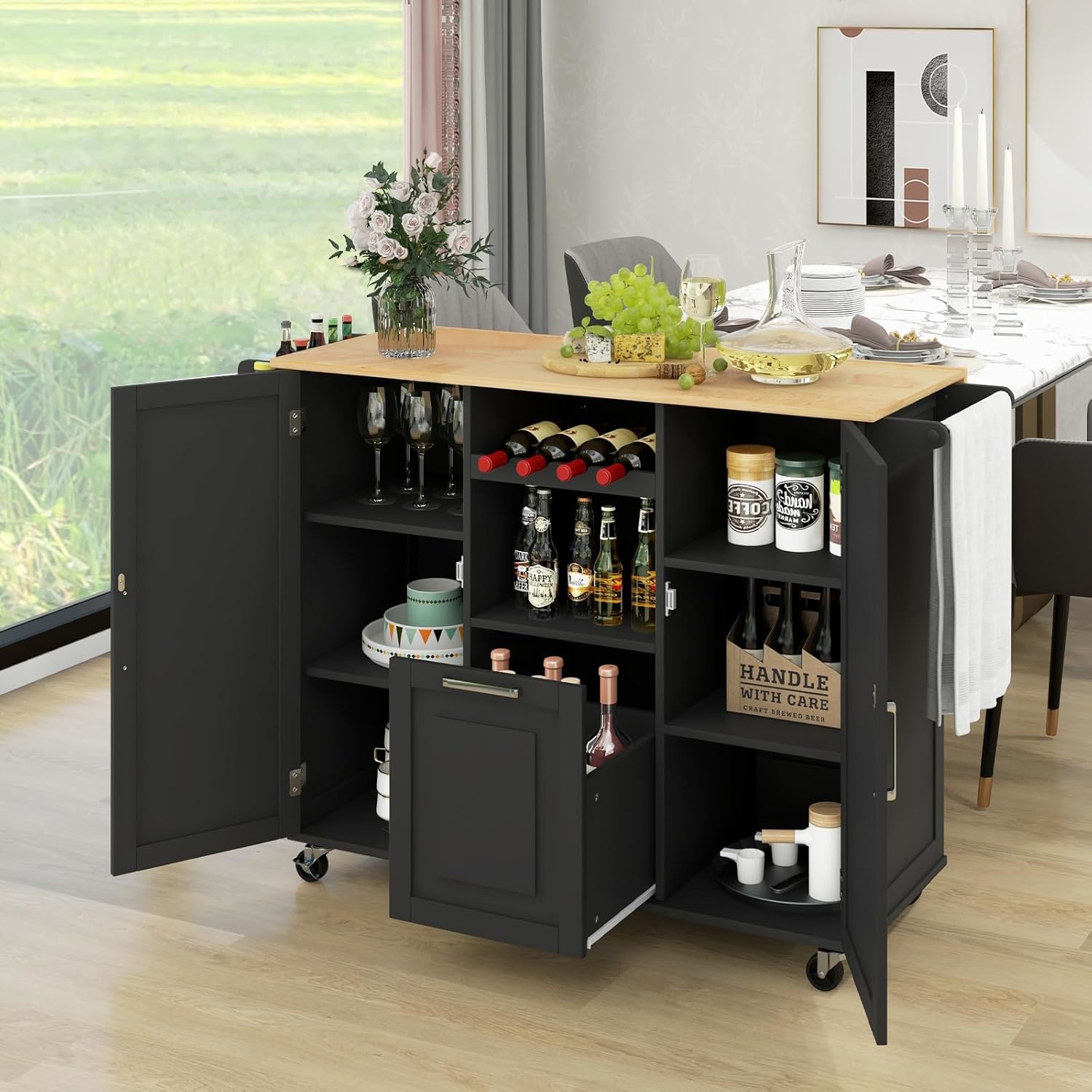 Image of Rolling Kitchen Island Cart, Large Kitchen Island W/ Drop-leaf Countertop & 4 Rotatable Casters, Kitchen Trolley Cart With Deep Drawer, Open Wine Bottle Rack & Towel Bar, Black
